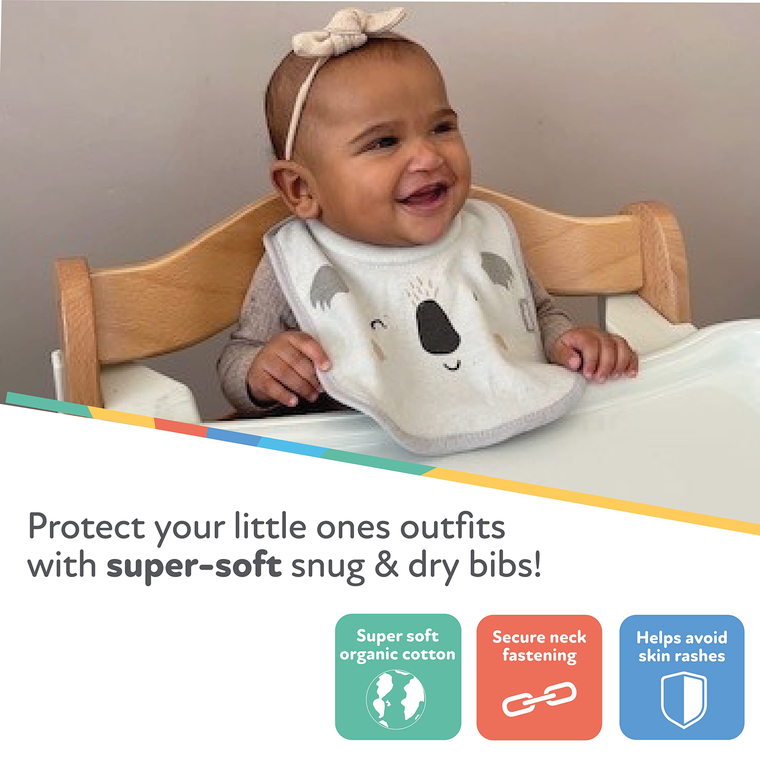 Nuby Snug and Dry Bibs - Organic Cotton Baby Bibs with Padded Neckline, Machine Washable, One Size (Pack of 4) - Perfect for Feeding, Drooling & Messy Mealtime Protection