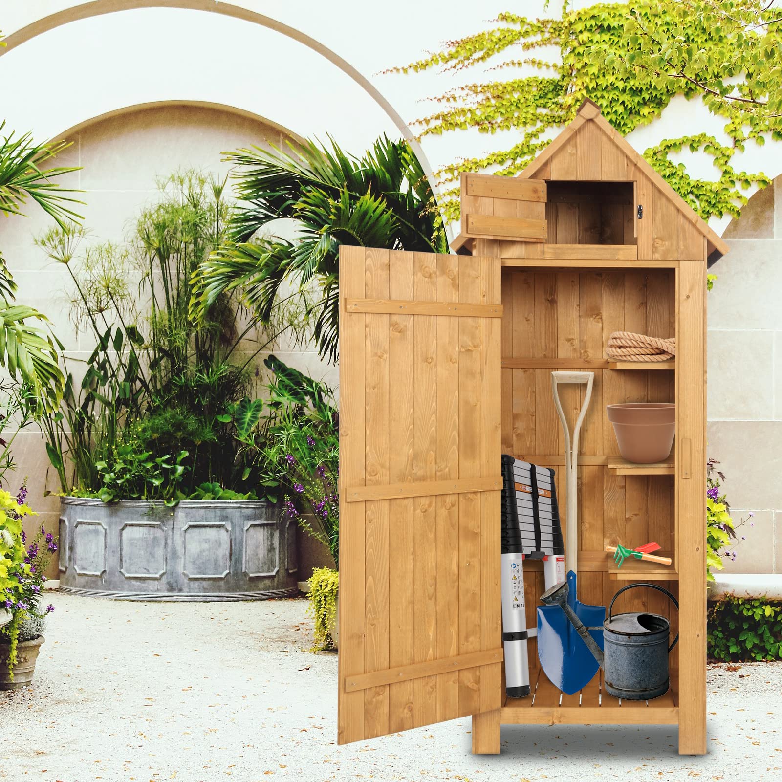 VINGLI Outdoor Wooden Storage Shed - Waterproof Garden Shed with Safety Latch, Heavy-Duty Tool Cabinet for Patio, Backyard & Lawn Equipment Organization (Teak Wood) | Perfect for Storing Gardening Tools, Pool Supplies & Seasonal Decor