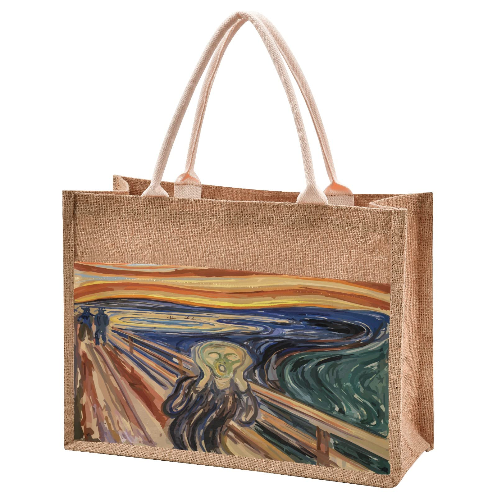 The Scream Print Jute Tote Bag - Eco-Friendly Reusable Burlap Straw Beach Bag for Shopping, Groceries & Wedding Gifts | Perfect for Beach Outings, Farmers Markets & Sustainable Lifestyle