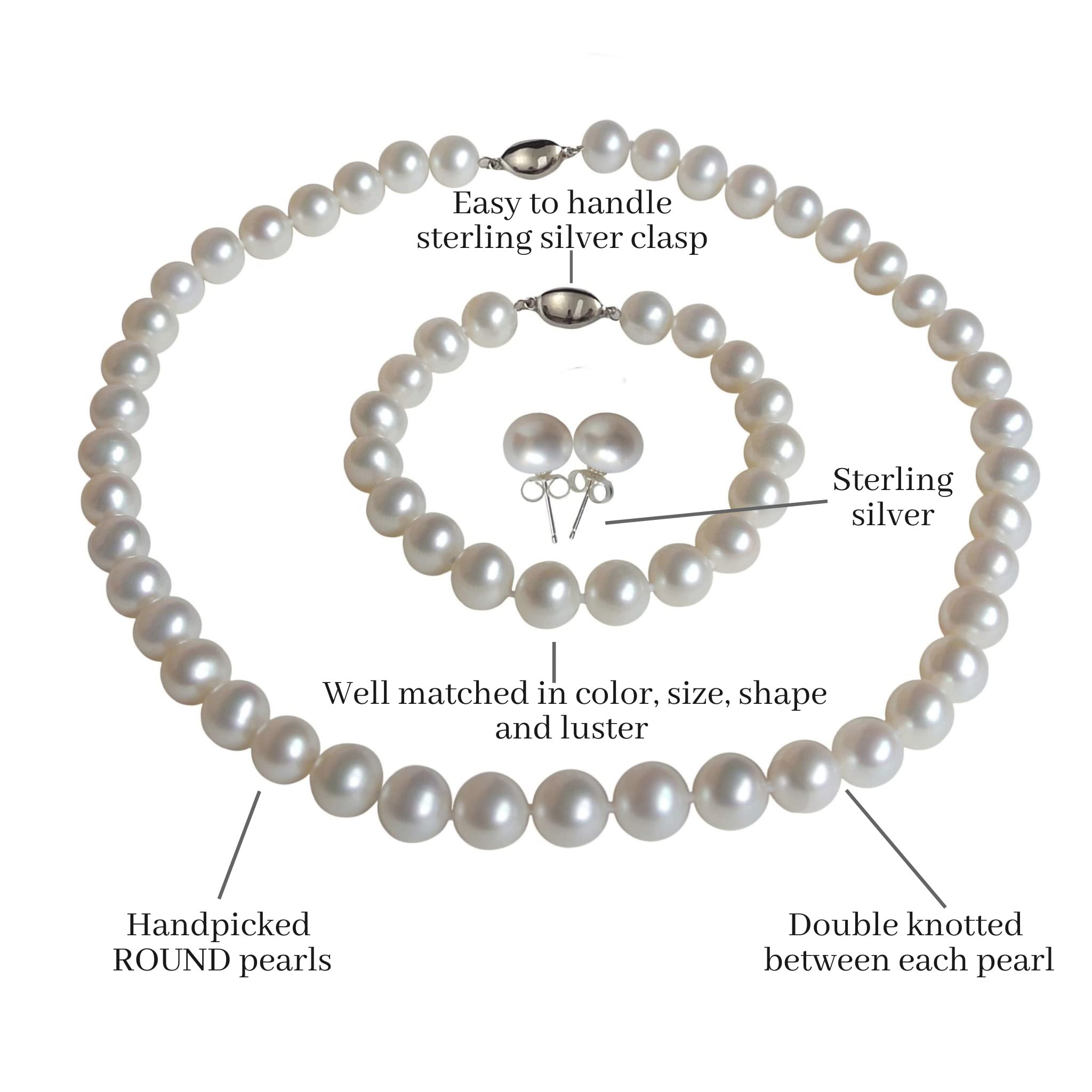 Real Pearl Jewelry Set for Women - Necklace, Bracelet & Earrings for Wedding & Party