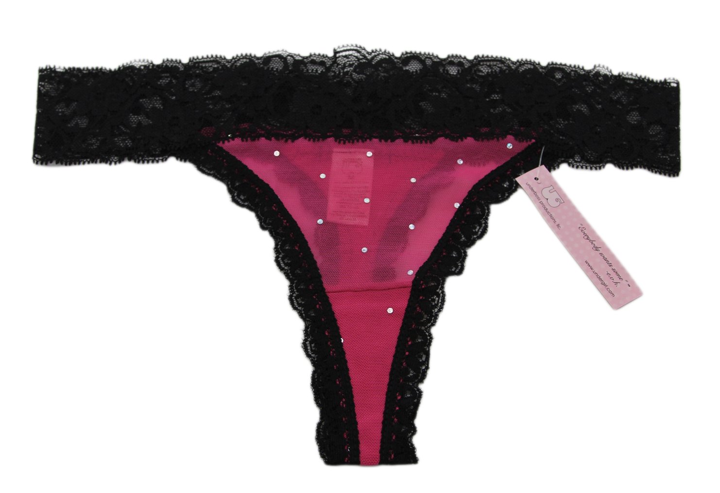 Undergirl Women's Sheer Rhinestone Lace Thong Panties - Pink & Black - Size M | Comfortable & Sexy Underwear for Everyday Wear, Date Night & Special Occasions
