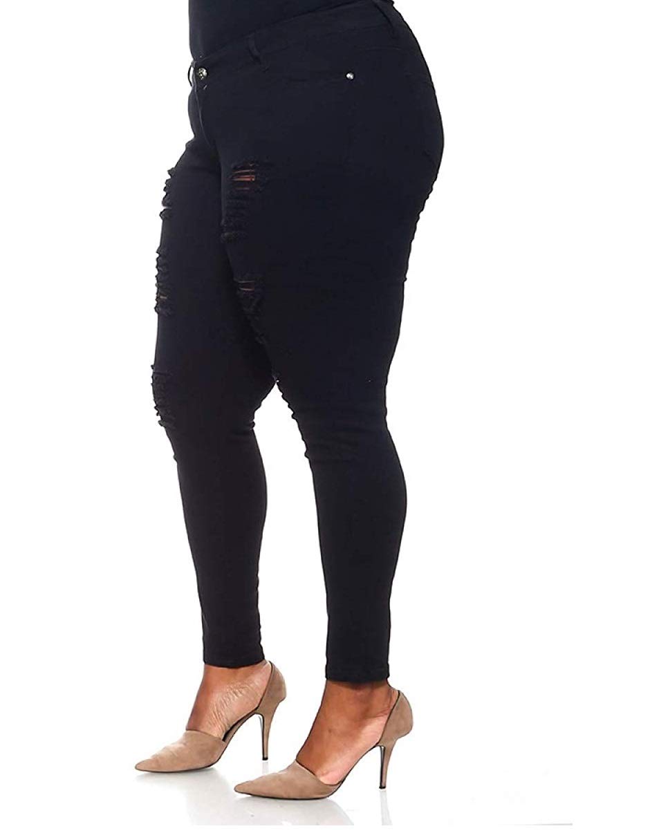 Jack David Women's Plus Size Stretch Distressed Ripped Blue Skinny Jeans - Comfortable High Waisted Denim Pants for Casual Wear & Everyday Outfits