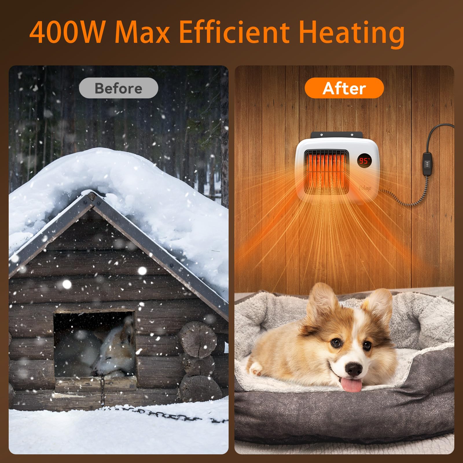 200W/400W Dog House Heater with Thermostat - Safe Outdoor Pet Heater for Dogs, Chicken Coops & Rabbit Hutches - 6FT Chew-Proof Cord (White) - Keep Pets Warm in Winter Kennels, Garages & Barns