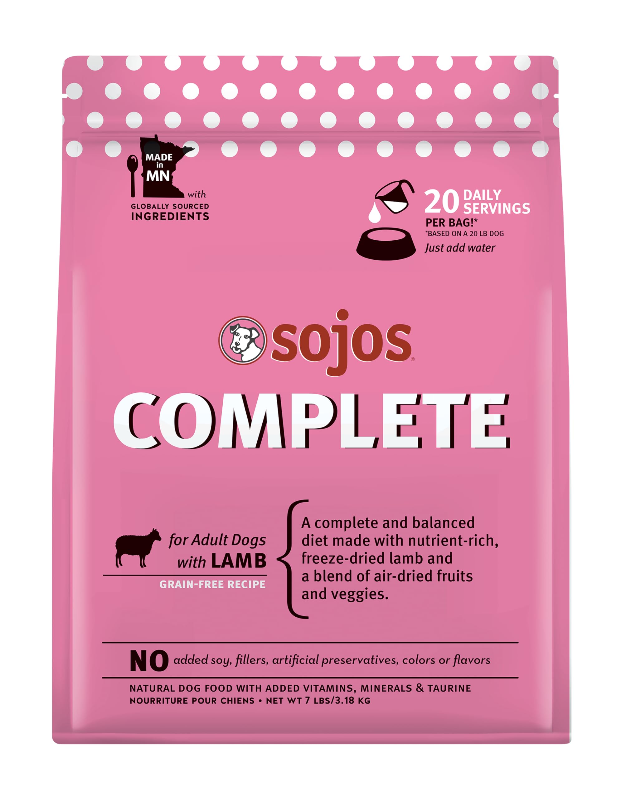 Sojos Complete Lamb Recipe Dehydrated Dog Food - Grain Free, Natural & Healthy 7 lb Bag for Small & Large Dogs - Perfect for Travel, Hiking & Outdoor Adventures
