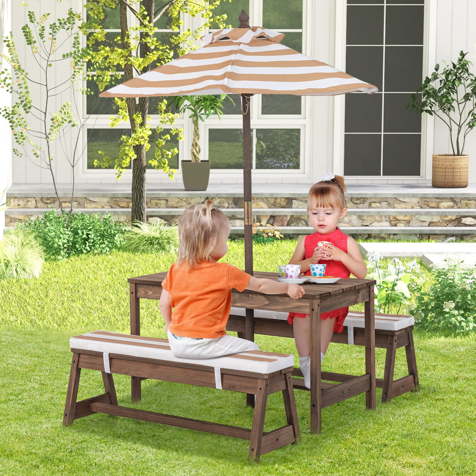 HONEY JOY Kids Picnic Table Set - Outdoor Wooden Table & Bench with Removable Cushions & Umbrella - Striped Fabric Children's Backyard Furniture for Patio, Garden, Playground - Perfect Gift for Toddler Boys & Girls Ages 3+ (Coffee) - Ideal for Outdoor Play, Birthday Parties & Family Gatherings