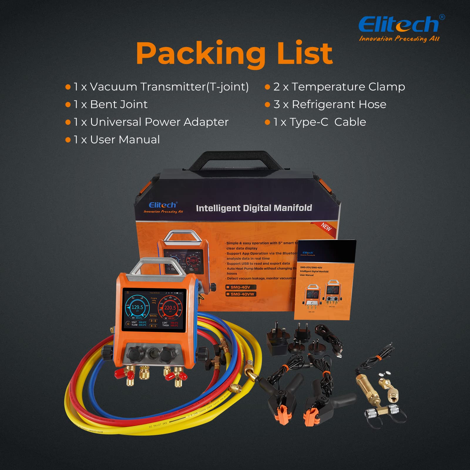 Elitech EMG-40V Digital HVAC Manifold Gauge with Hoses & Sensors - for AC Refrigerant Charging