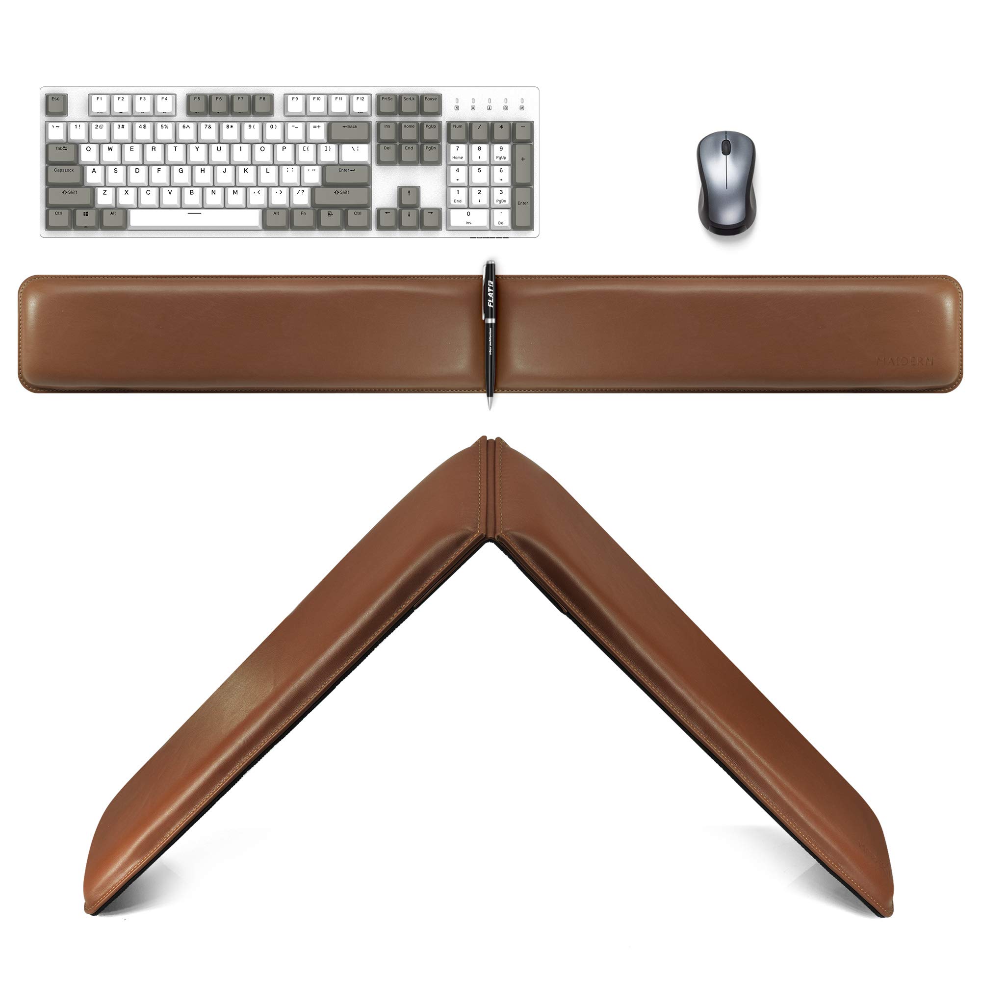 MAIDERN Ergonomic Wrist Rest Support - Double Length Memory Foam Keyboard & Mouse Pad for Office, Gaming, Computer, Laptop & Mac - Waterproof PU Leather (Brown) | Perfect for Long Typing Sessions & PC Gaming Comfort