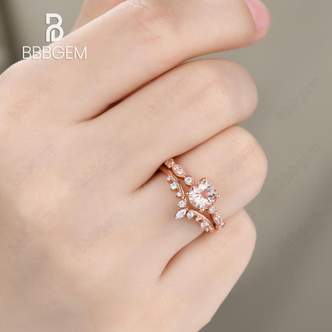 6.5mm Round Natural Morganite Engagement Ring Set in 14k Rose Gold with Curved Diamond Stacking Band – Vintage Inspired Bridal Jewelry for Weddings, Anniversaries & Romantic Occasions