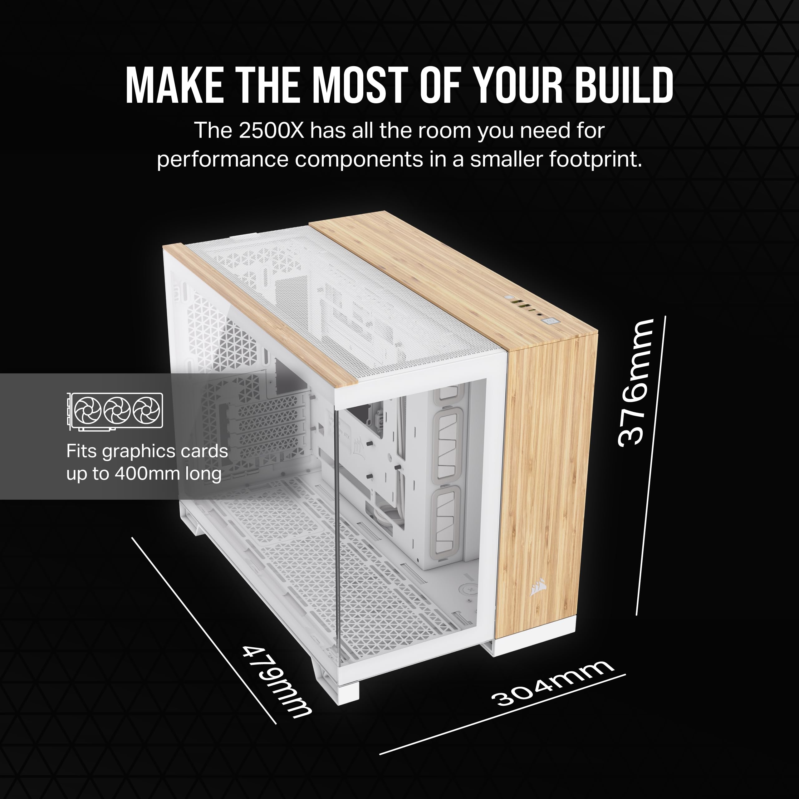 CORSAIR 2500X mATX PC Case - Dual Chamber Design, Panoramic Tempered Glass, Reverse Motherboard Compatibility - White/Bamboo Wood - Perfect for Compact Gaming Rigs & Home Office Setups