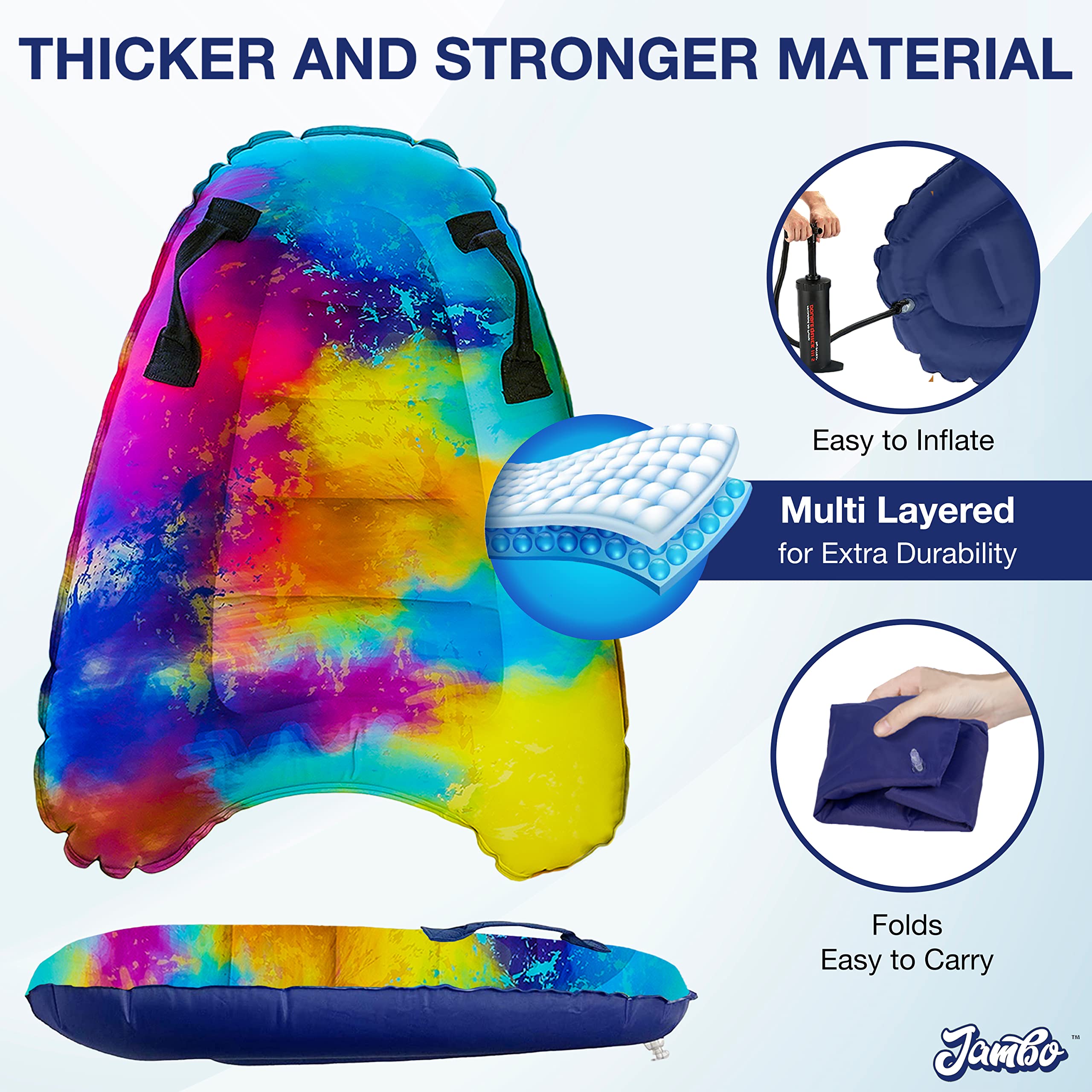 JAMBO Inflatable Body Board with Handles - Lightweight Boogie Board for Surfing, Swimming & Floating - Perfect Beach & Pool Toy for Kids - Great for Ocean Waves, Pool Parties & Summer Water Fun
