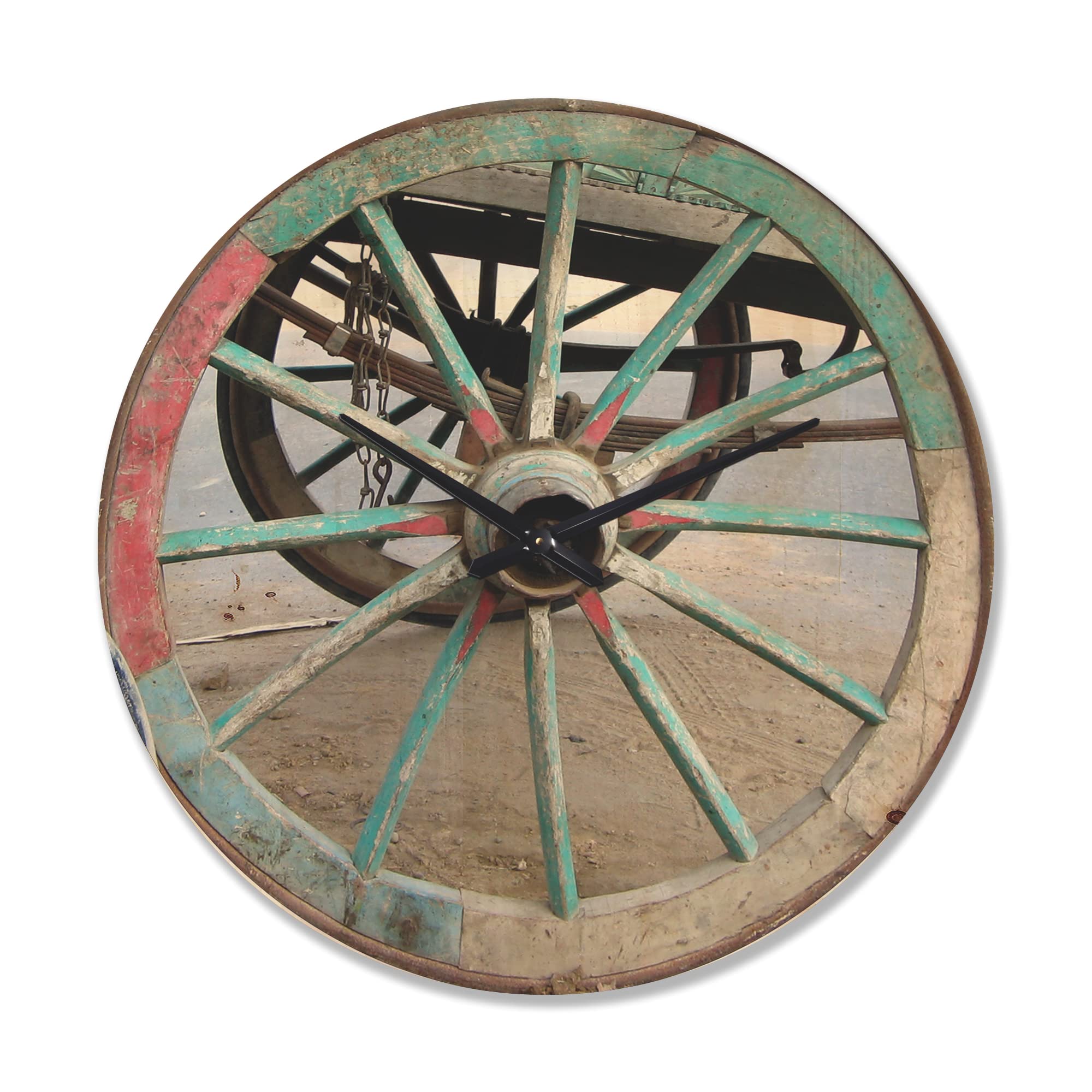 Farmhouse Wood Wall Clock - Large Turquoise Cottage Wagon Wheel Design - Rustic Country Decor for Living Room, Kitchen, Bedroom - Oversized Decorative Wooden Clock for Home & Office