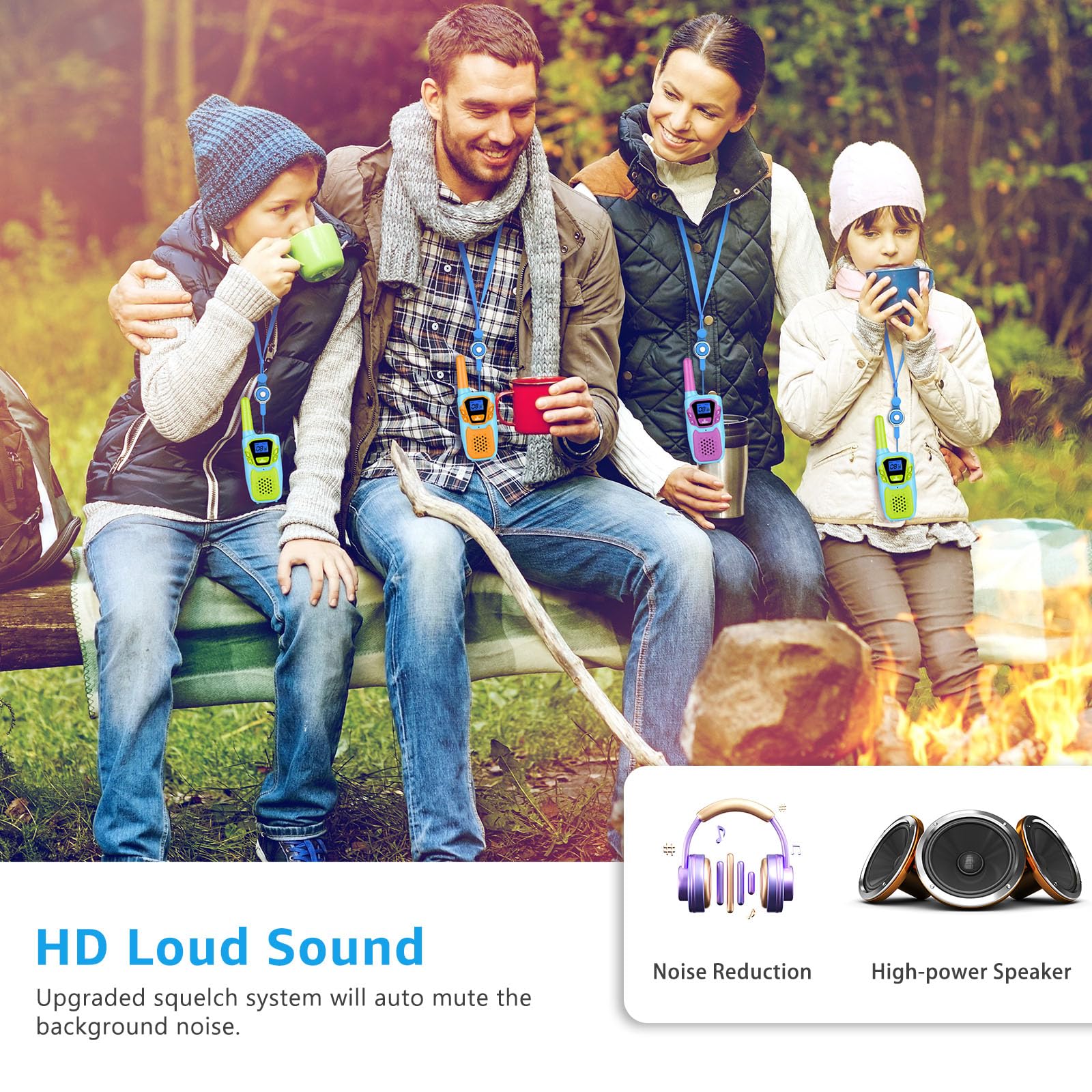Long Range Rechargeable Walkie Talkies for Kids & Adults - 4 Pack FRS 2 Way Radios with 4 Mile Range, Lanyard, NOAA Weather Alert & USB Charging - Durable Drop-Resistant Design for Camping, Hiking, Skiing & Outdoor Family Adventures (Ideal for Ages 3-12)