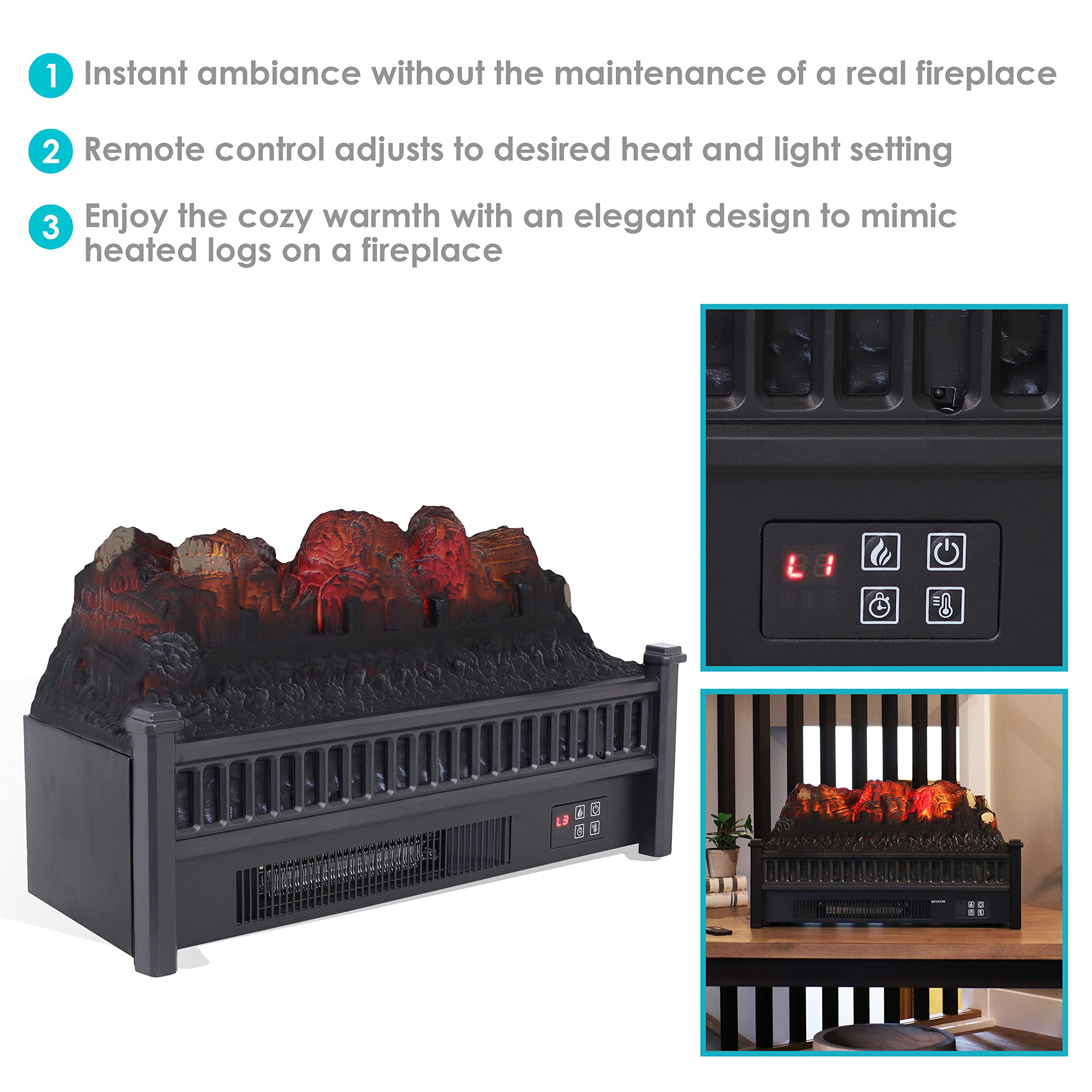 Sunnydaze Electric Fireplace Insert Heater with Realistic Heated Logs - 1500W Indoor Fireplace Heater - Polypropylene Construction - Perfect for Living Room, Bedroom & Office Warming