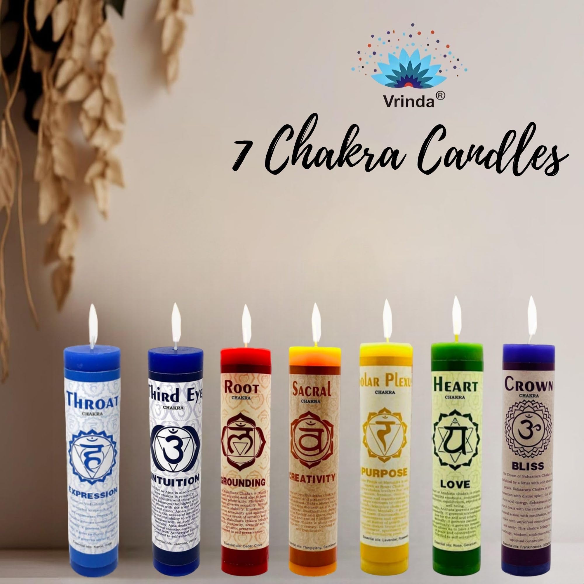 Vrinda® 7 Chakra Scented Candle Set - 7 Inch Aromatherapy Candles with Natural Essential Oils for Meditation, Yoga, Stress Relief & Relaxation - Hand-Poured Soy Wax Candle for Home, Spa & Gift (Yellow)
