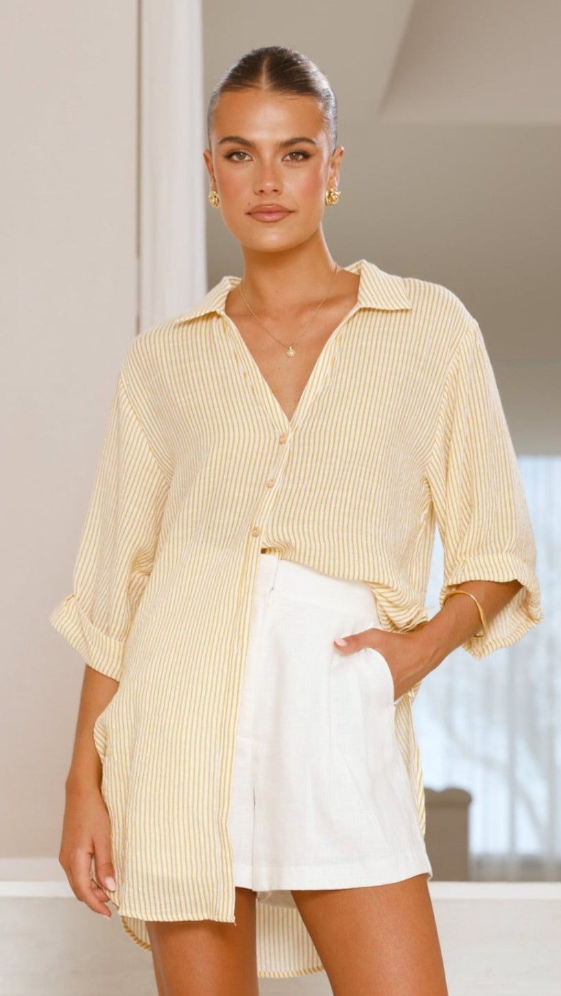 Lucia Shirt - Yellow and White Striped Women's Casual Blouse for Work & Everyday Wear | Perfect for Office, Dating & Weekend Outfits