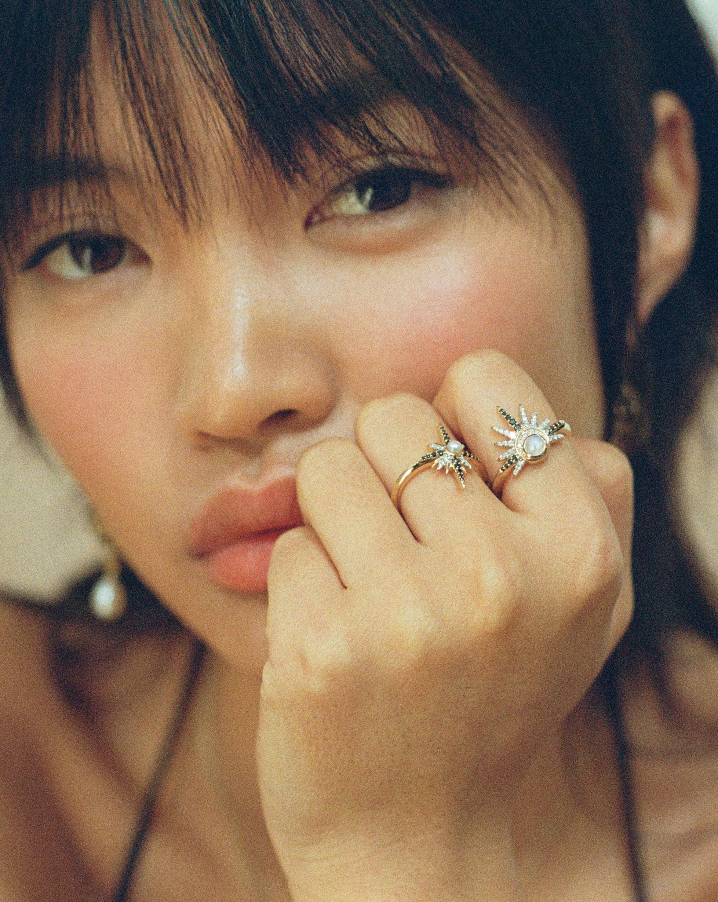 Harris Reed Fine Celestial Ring - 14k Solid Gold with Rainbow Moonstone & Diamond Accents | Elegant Celestial Jewelry for Women, Perfect for Weddings, Anniversaries & Special Occasions