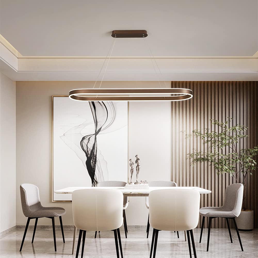 Modern Gold LED Dimmable Pendant Lamp - Circular Chandelier for Dining Table & Kitchen Island with Remote Control, High Translucent Acrylic Linear Hanging Light for Living Room, Bedroom, Restaurant (Brown) - Perfect for Home Decor & Commercial Spaces
