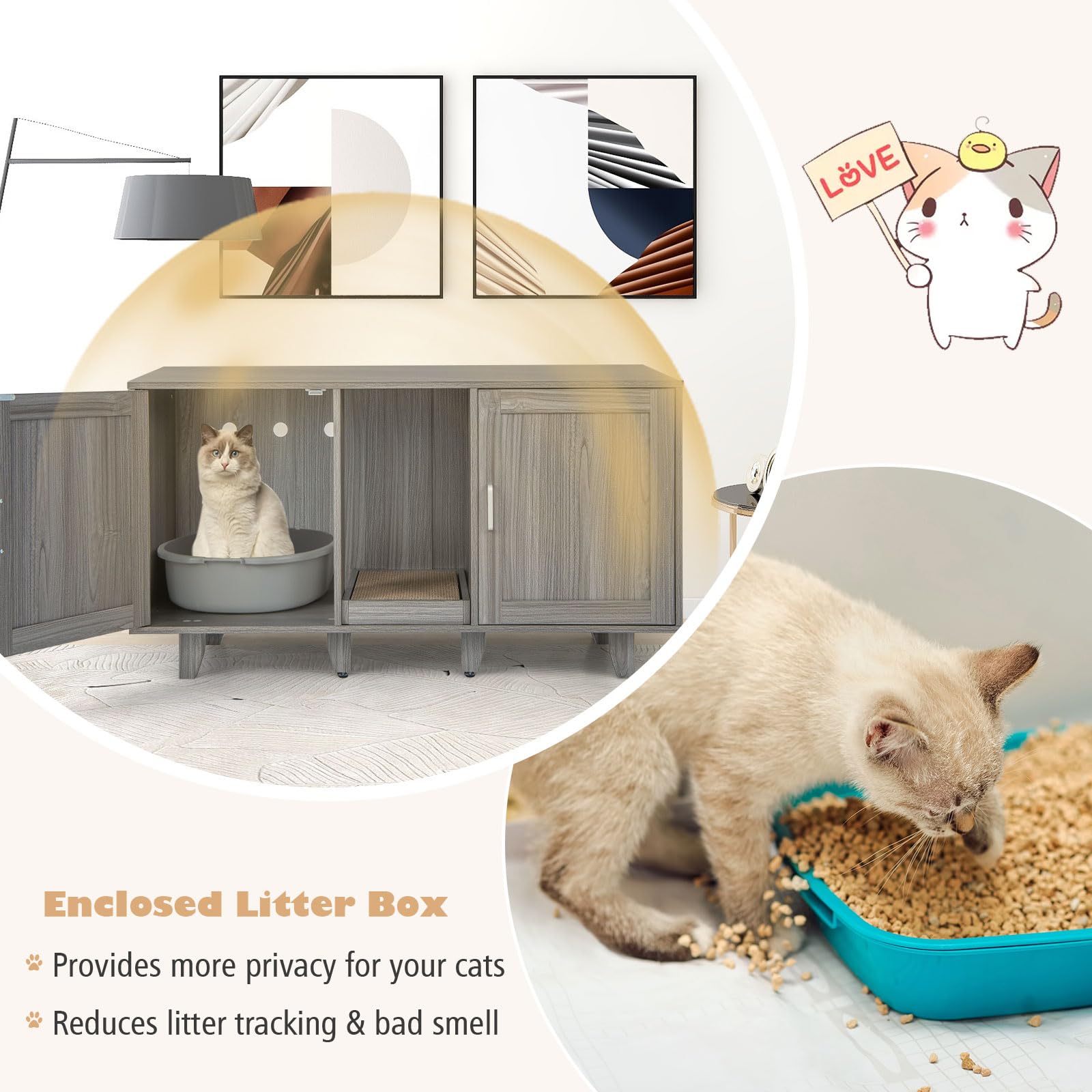 Tangkula Double Cat Litter Box Enclosure for 2 Cats - Large Stackable Hidden Privacy Cabinet with Scratching Board | Indoor Cat House & TV Stand Furniture (Grey Oak) | Perfect for Small Spaces & Multi-Cat Homes