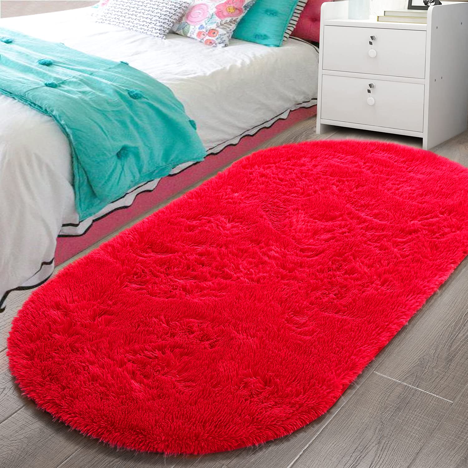 LOCHAS Fluffy Red Shaggy Area Rug 2.6' x 5.3' - Soft Oval Bedroom Rug for Bedside, Living Room, Kids Room & Girls Decor - Cozy Home Accent for Comfort & Style
