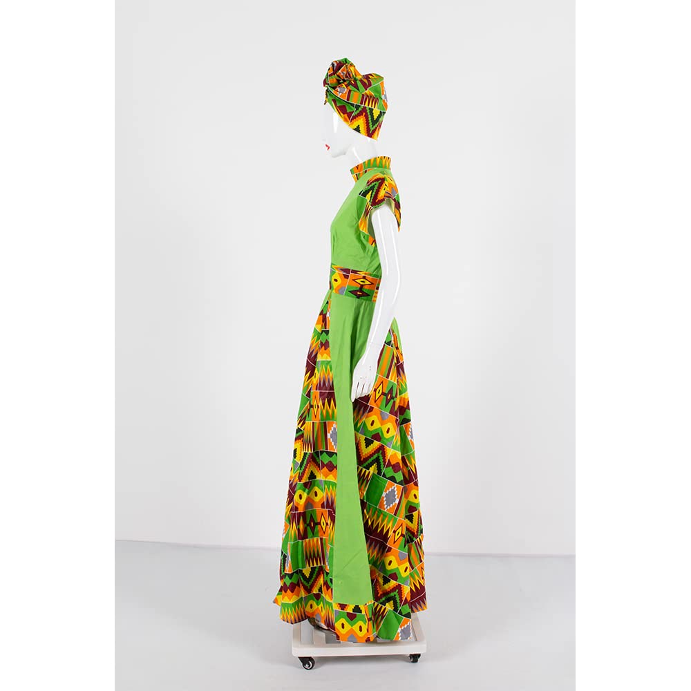 Stylish African Print Maxi Dress for Women - Sleeveless Party Dress with Matching Head Scarf - Plus Size Flowy Summer Dress for Weddings, Beach Vacations & Cultural Events