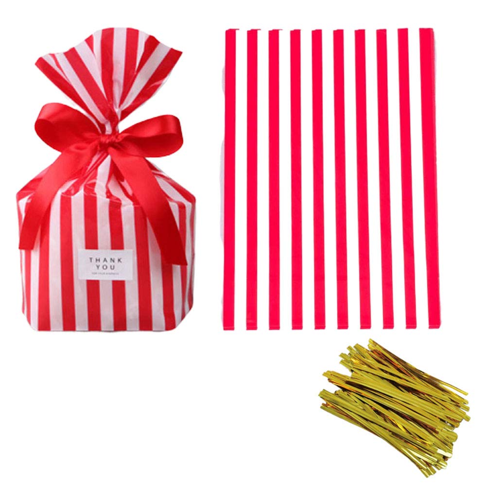 Premium Red Stripe Clear Cello Candy Favor Bags - 50 Pack with Gold Twist Ties | Cellophane Cookie & Treat Bags for Parties, Weddings, Baby Showers & Gift Packaging