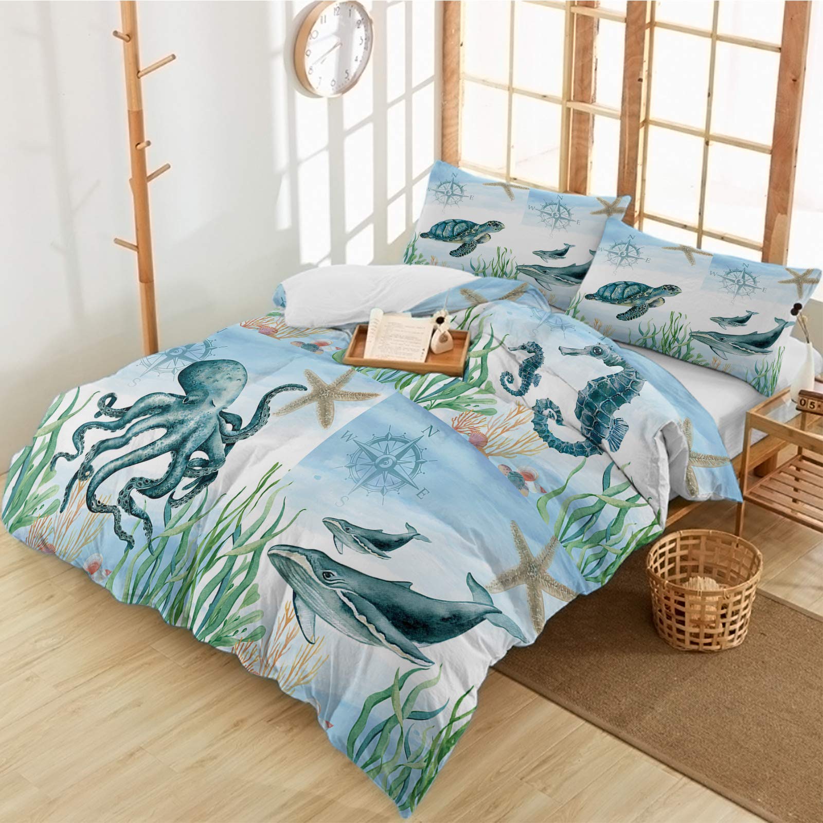 OneHoney Full Size 3-Piece Duvet Cover Set - Ultra Soft Luxury Washed Comforter Cover with 2 Pillowcases | Sea Turtle, Octopus, Seahorse & Whale Marine Life Nautical Theme | Perfect for Coastal, Beach House or Ocean-Themed Bedroom Decor