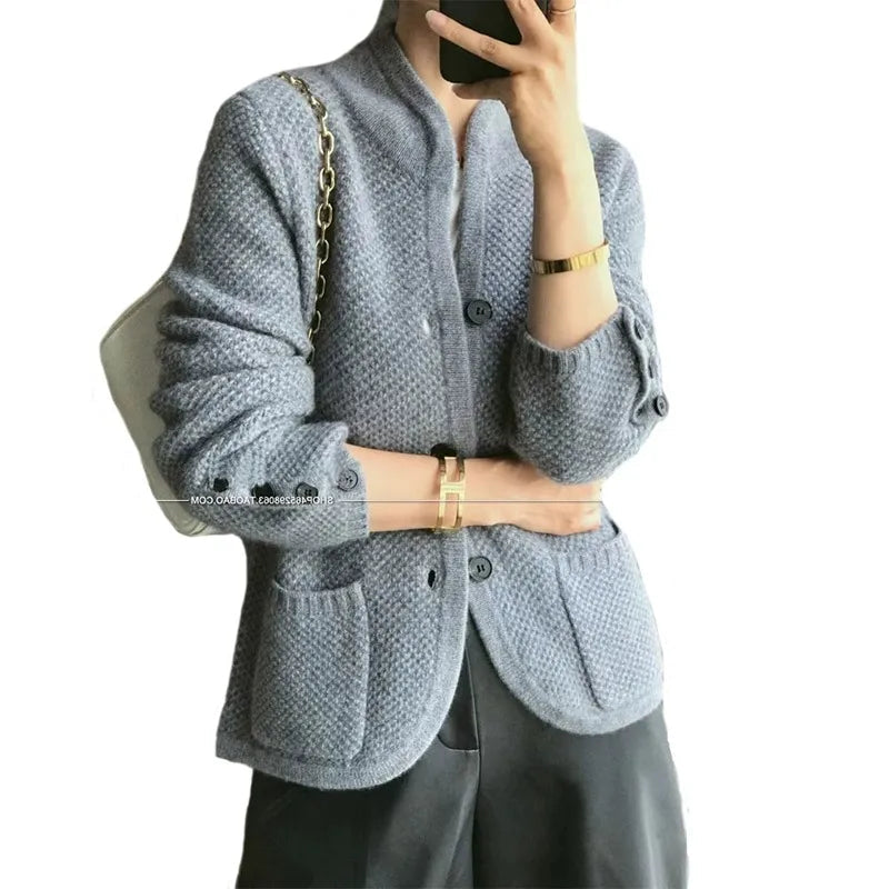 Women's 100% Cashmere Wool Cardigan - Thick Winter Stand Neck Loose Knit Sweater Jacket | Cozy Fall & Winter Layering for Office & Casual Outfits