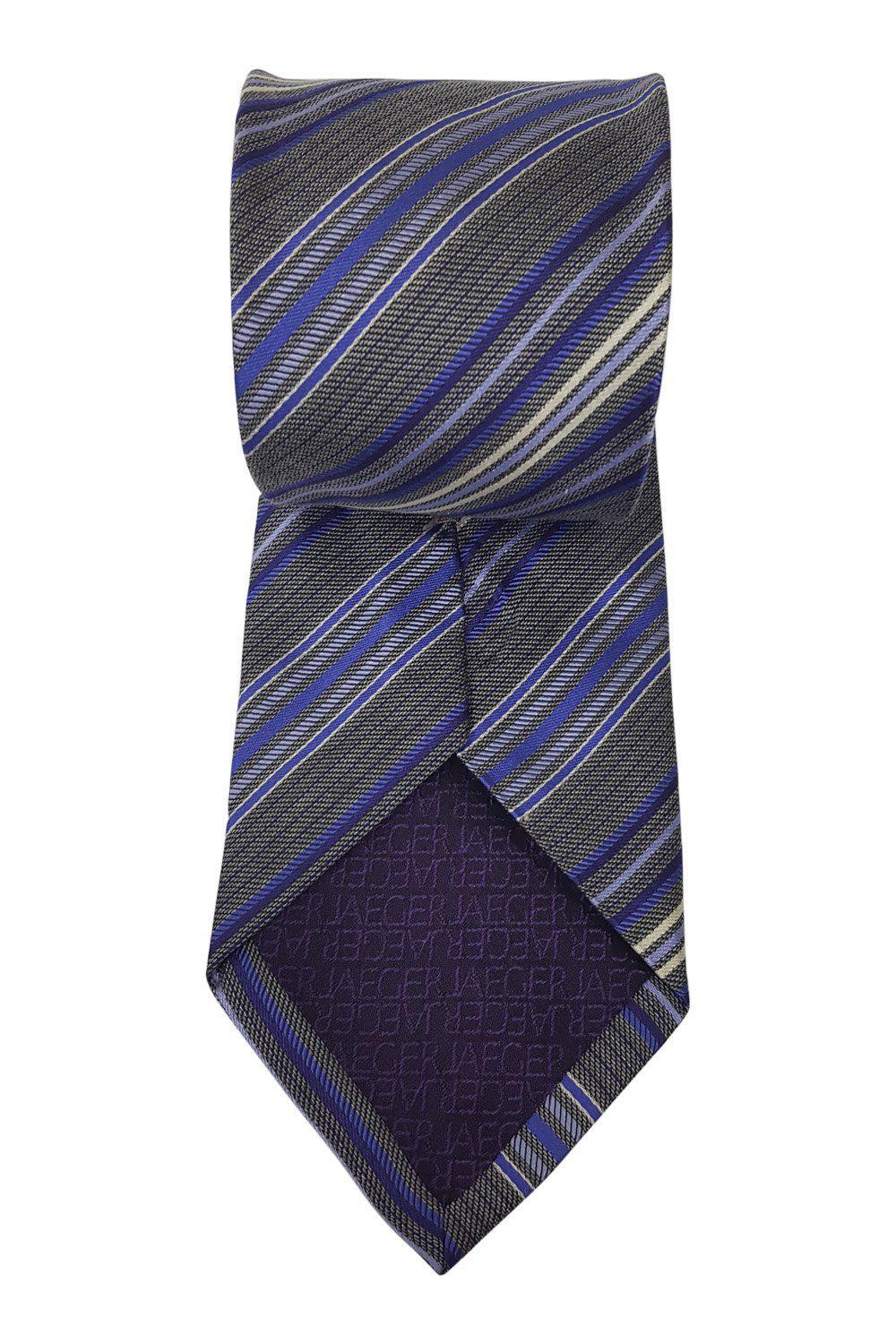 JAEGER 100% Silk Grey Necktie with Blue Diagonal Stripes - Premium Men's Formal Tie for Business, Weddings & Special Occasions