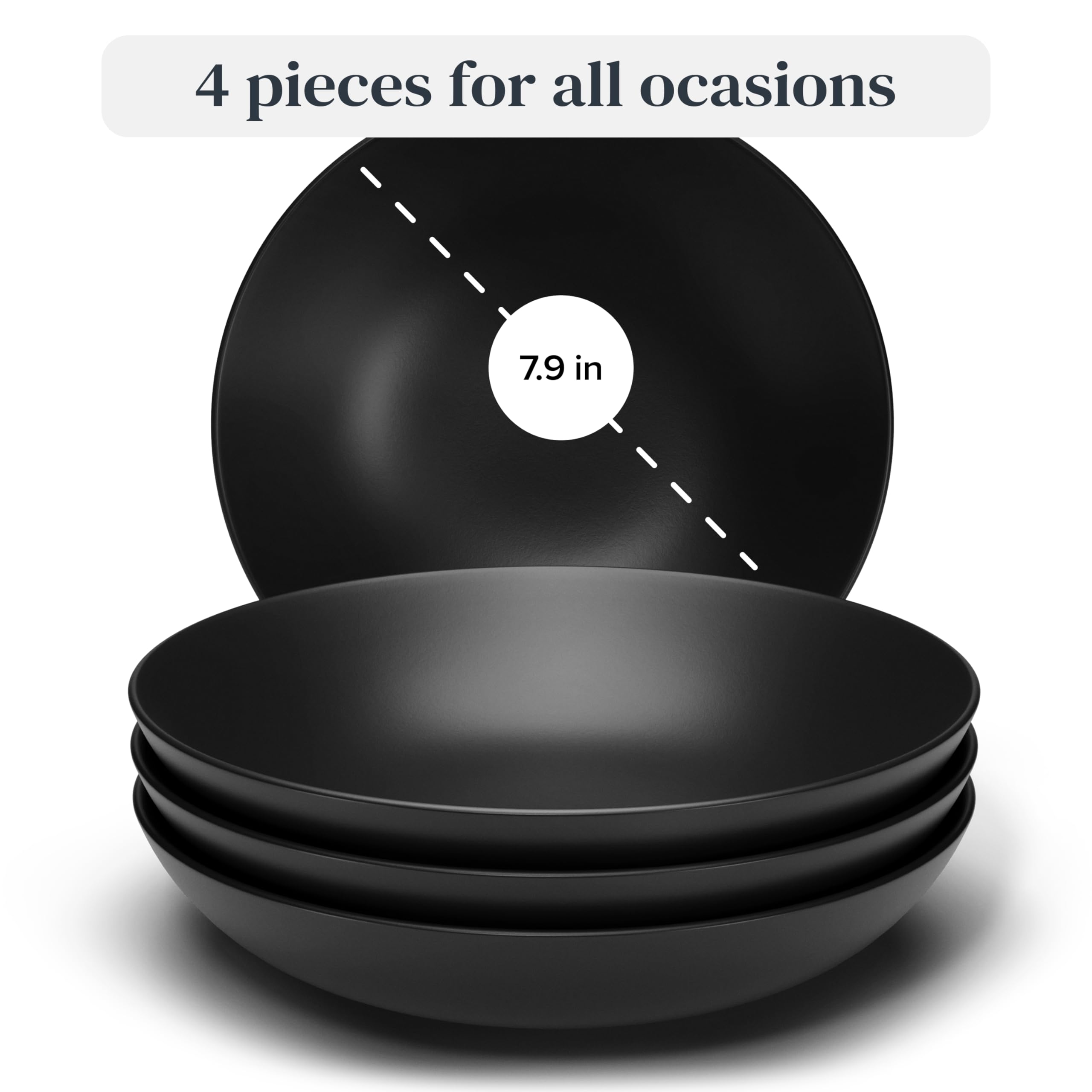 Premium Matte Black Stoneware Pasta Bowls Set of 4 - 7.7