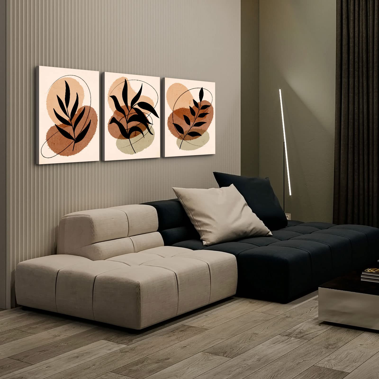 Boho Wall Art Set of 3 - 24x36 Inch Framed Canvas Prints, Minimalist Mid Century Modern Plant Paintings, Abstract Bohemian Home Decor for Living Room & Bedroom - Perfect for Gallery Walls & Boho Chic Interiors