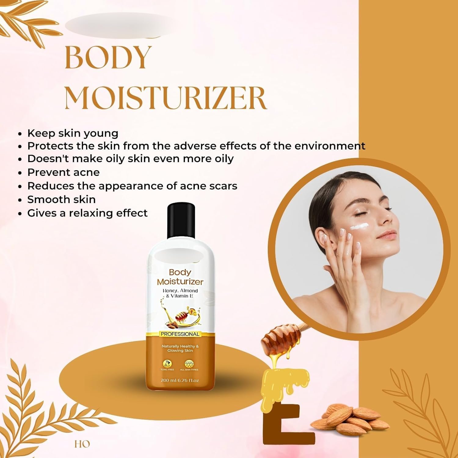 Honey Almond & Vitamin E Moisturizing Cream for Face, Hands & Body - Non-Greasy, Oil-Free Hydration for Glowing Skin - 24 Hour Nourishment - 200ml - Perfect for Dry Skin Care & Daily Moisturizing Routine