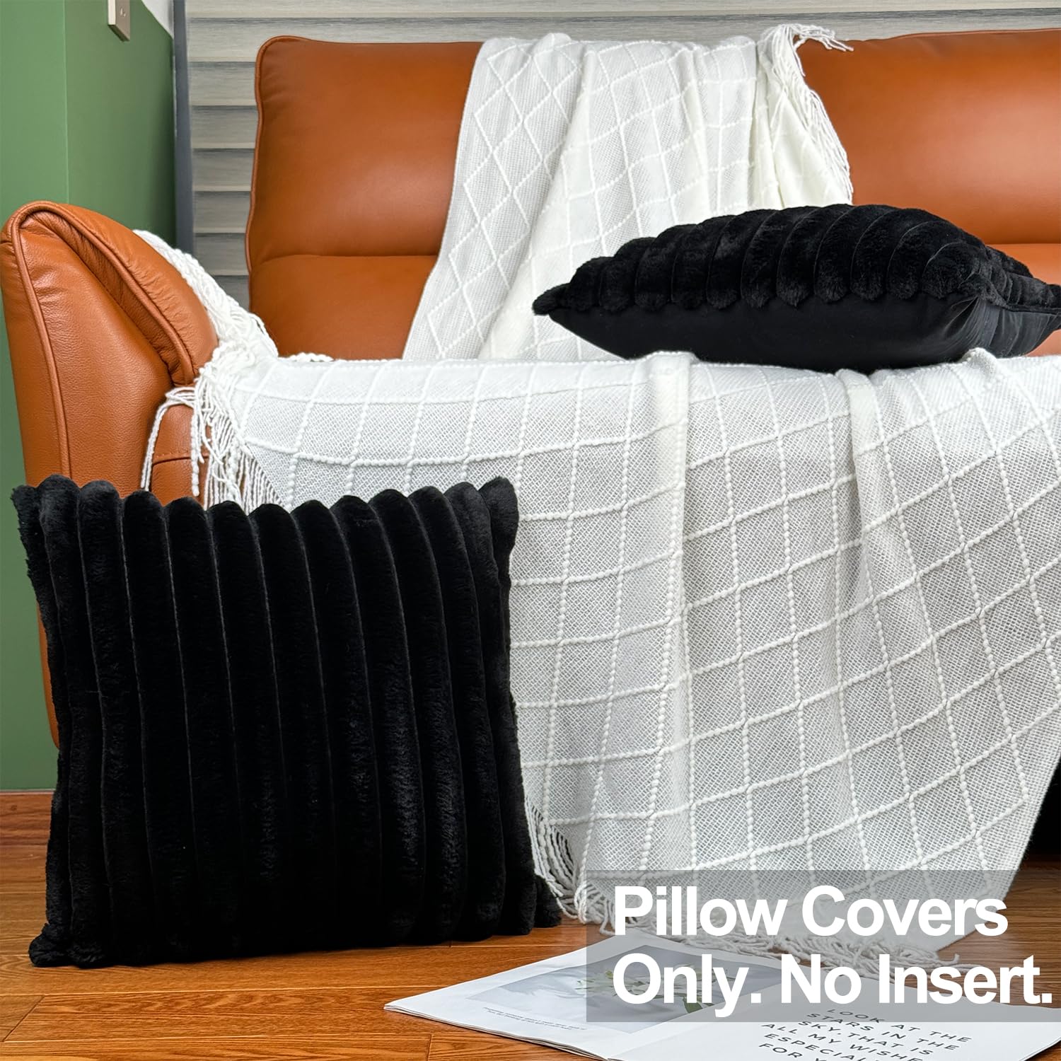 Premium 16x16 Faux Fur Throw Pillow Covers Set of 2 - Ultra Soft Fluffy Decorative Cushion Covers with Velvet Back for Sofa, Bed & Living Room - Neutral Home Decor Accent (Black) | Perfect for Cozy Winter Nights & Modern Interior Styling