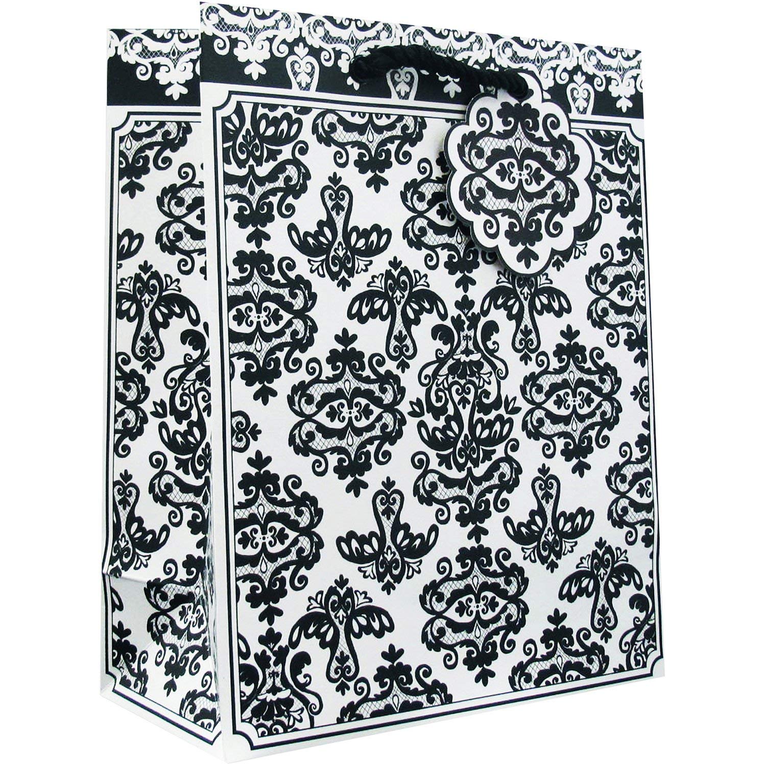 Jillson & Roberts Medium Gift Bags - 12 Pack Black Damask Design | Perfect for Birthday, Wedding & Party Favors