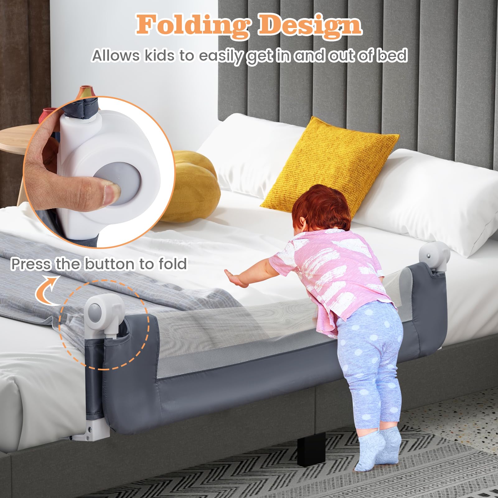 HONEY JOY Extra Long Foldable Portable Swing Down Safety Bed Rail for Toddlers - 2 Pack (47 Inch, Gray) | Fits Crib, King, Queen, Full, Twin & Bunk Beds | Perfect for Travel, Home & Child Safety