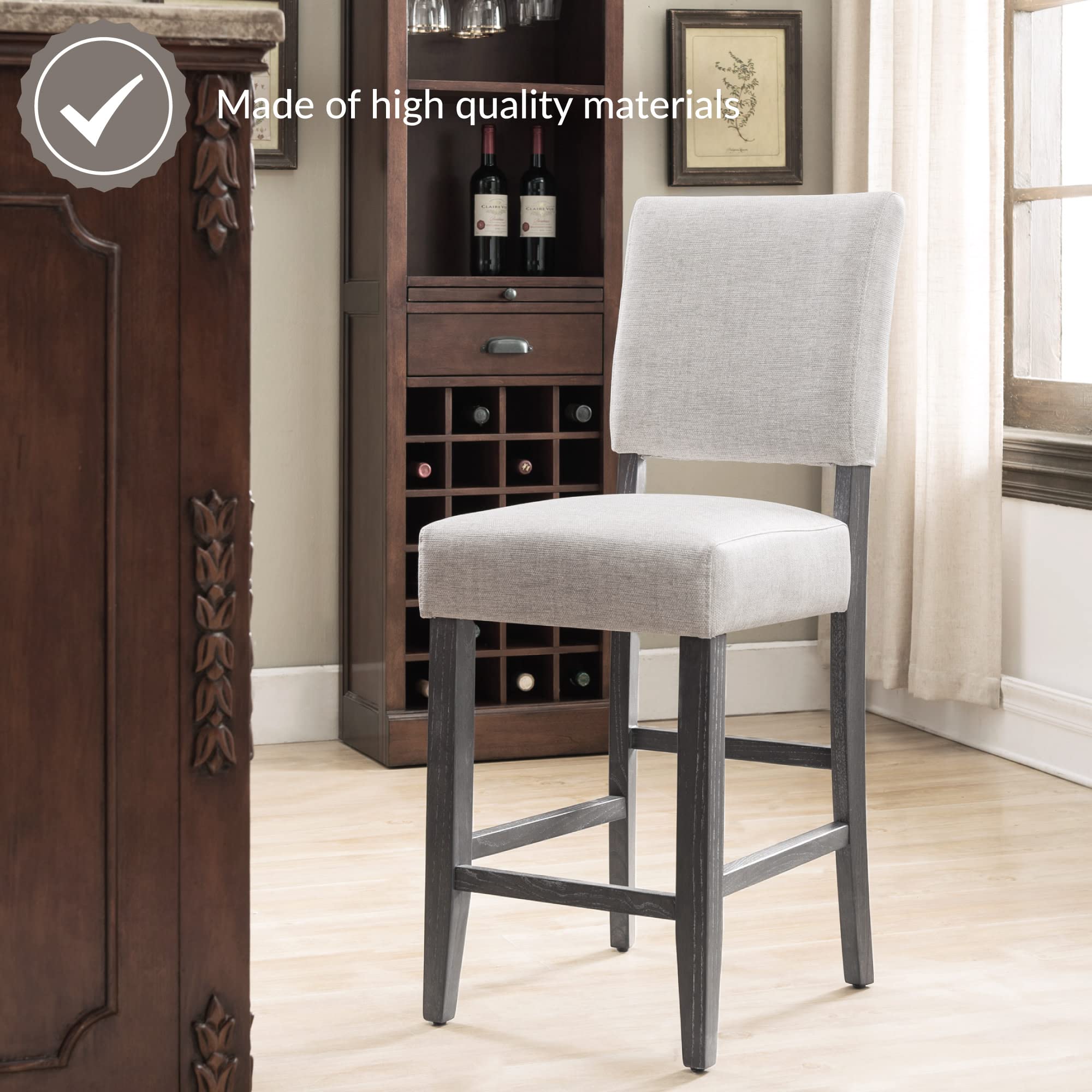 Leick Home 2-Pack Upholstered Counter Height Bar Stools with Wood Base - Blackbean & Gray Wash for Kitchen Island, Breakfast Bar & Dining Room - Comfortable & Stylish Seating Solution