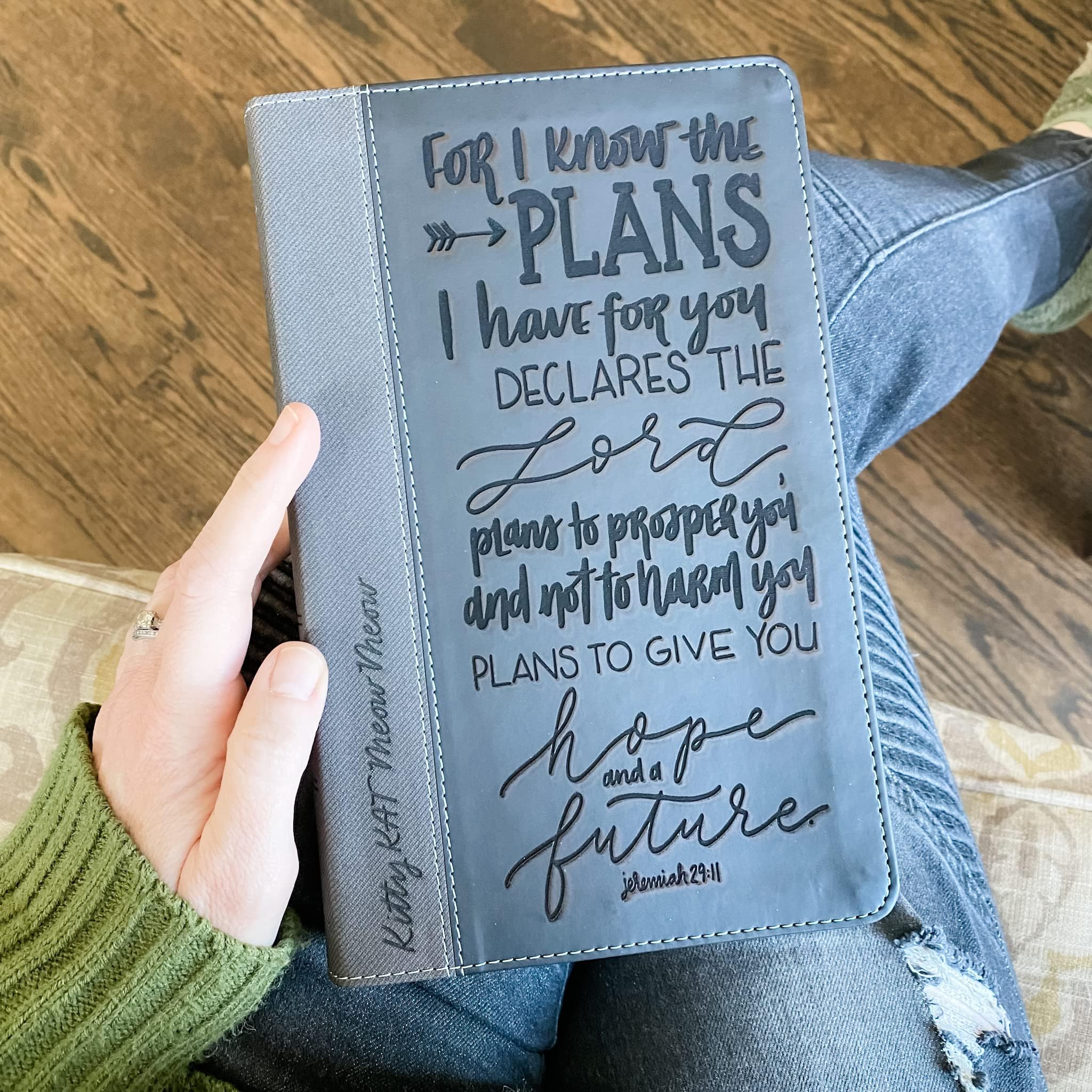 Hand Lettered & Laser Engraved NIV Black/Gray Leathersoft Bible - Custom Name Personalization - Perfect Wedding, Baptism, Graduation & Birthday Gift - Ideal for Church, Bible Study & Daily Devotion