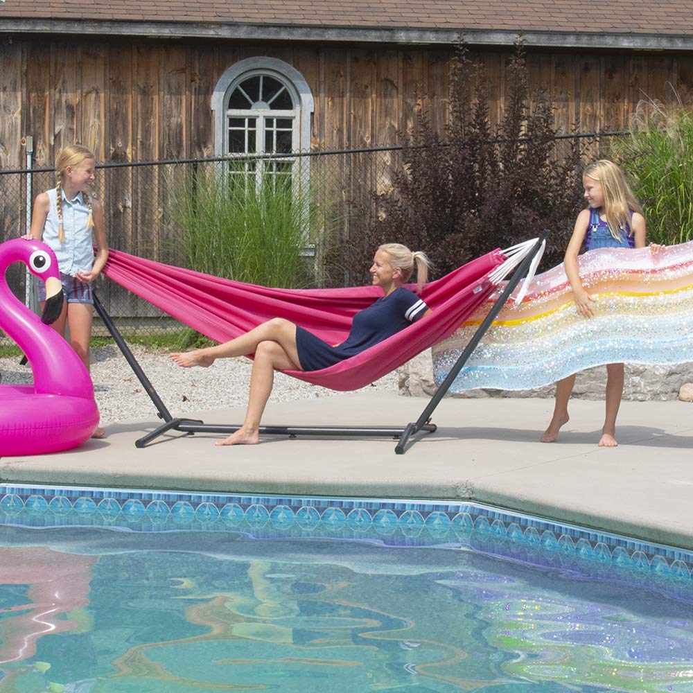Vivere Double Hammock with Space-Saving Steel Stand & Carry Bag - 450 lb Weight Capacity, Hot Pink - Perfect for Backyard Relaxation, Camping & Beach Trips