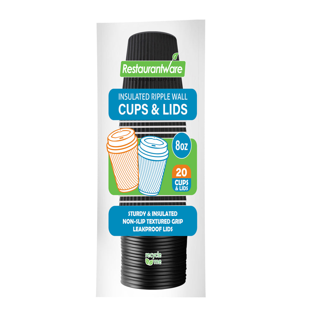 8 oz Black Ripple Wall Paper Coffee Cups with Lids - 20 Count Bulk Pack (3.5