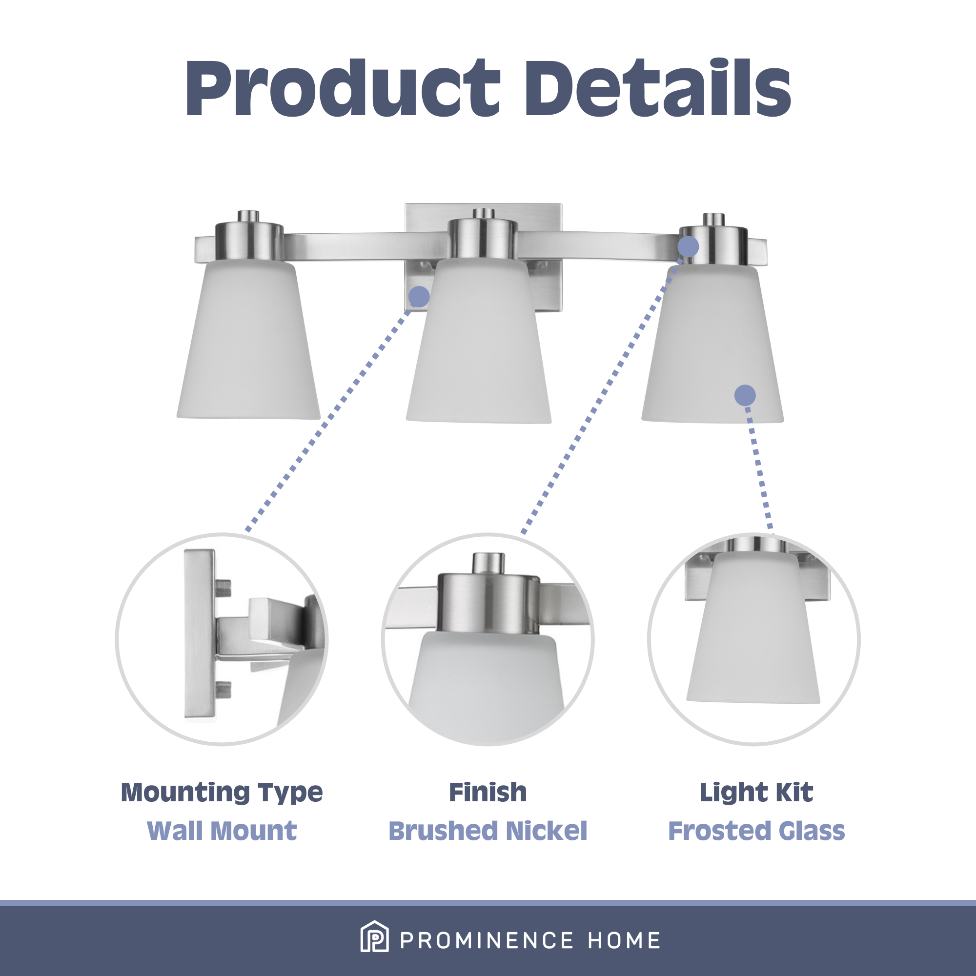 Fairendale 3-Light Vanity Light Fixture with Frosted Glass Shades in Brushed Nickel Finish - Perfect for Bathroom, Bedroom, and Dressing Room Lighting