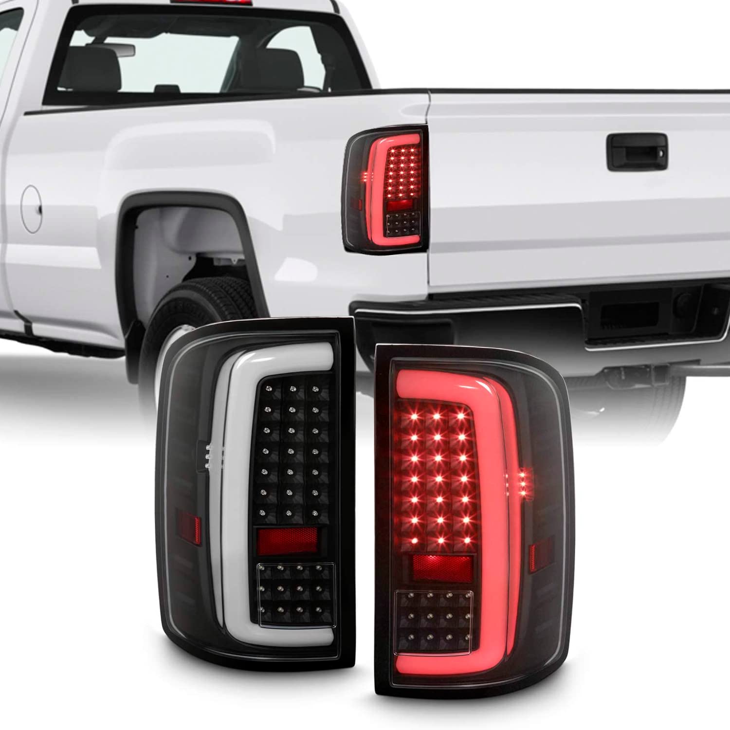 AKKON LED Black Tail Brake Lights Pair for 2014-2018 GMC Sierra 1500 & 2015-2019 2500HD/3500HD - C-Tube Design, Driver and Passenger Side - Upgrade Your Truck's Style and Safety for Night Driving & Off-Road Adventures