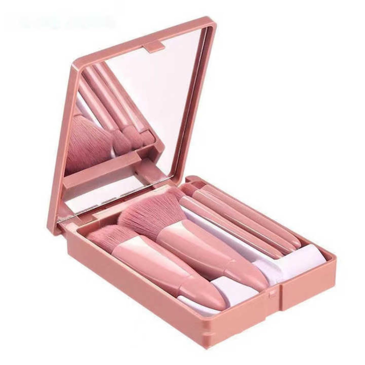 DRIXTY 5-Piece Mini Travel Makeup Brush Set with Mirror - Professional Portable Cosmetic Brushes for Eyeshadow, Blush & Foundation - Perfect for On-the-Go, Gym Bag & Travel Makeup Kit (Assorted Colors)