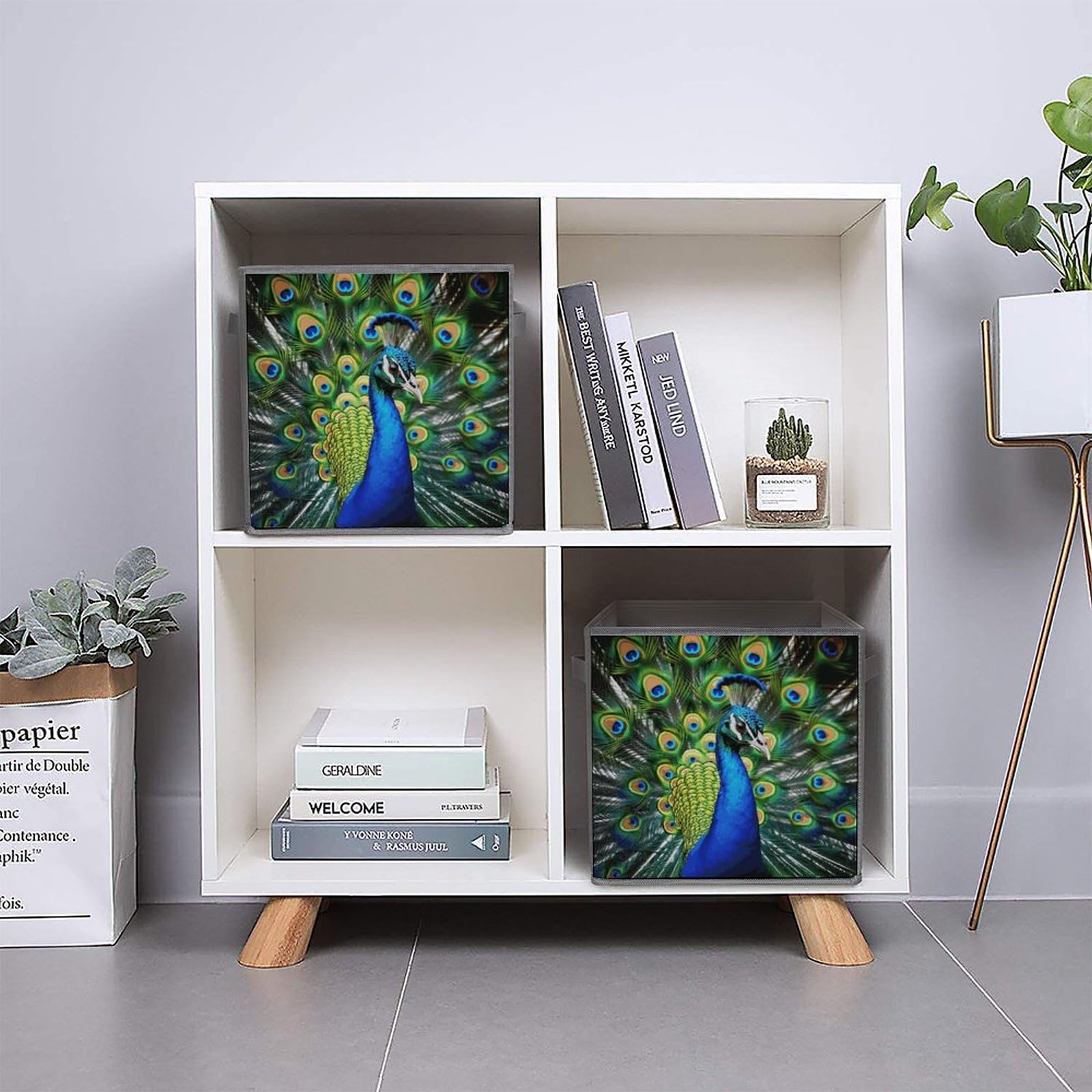 6-Piece Collapsible Storage Bins with Handles - Blue Peacock Printed Foldable Organizing Baskets for Shelves, Closet, Kitchen & Home Organization - Space Saving Storage Containers for Toys, Books & Household Items