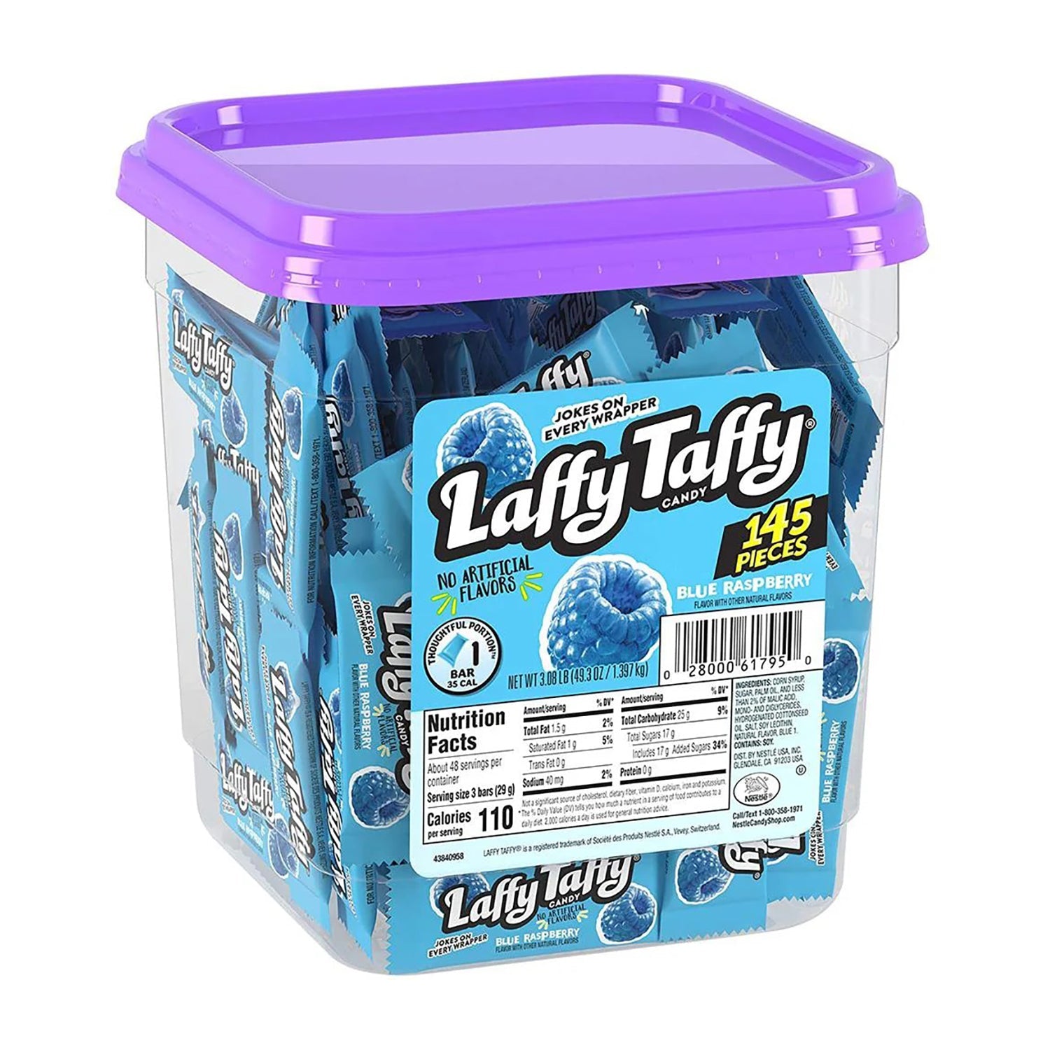 Ferrara Laffy Taffy Blue Raspberry Candy - 145 Count Bulk Jar | Sweet Treats for Parties, Halloween, Office Snacks & Movie Nights