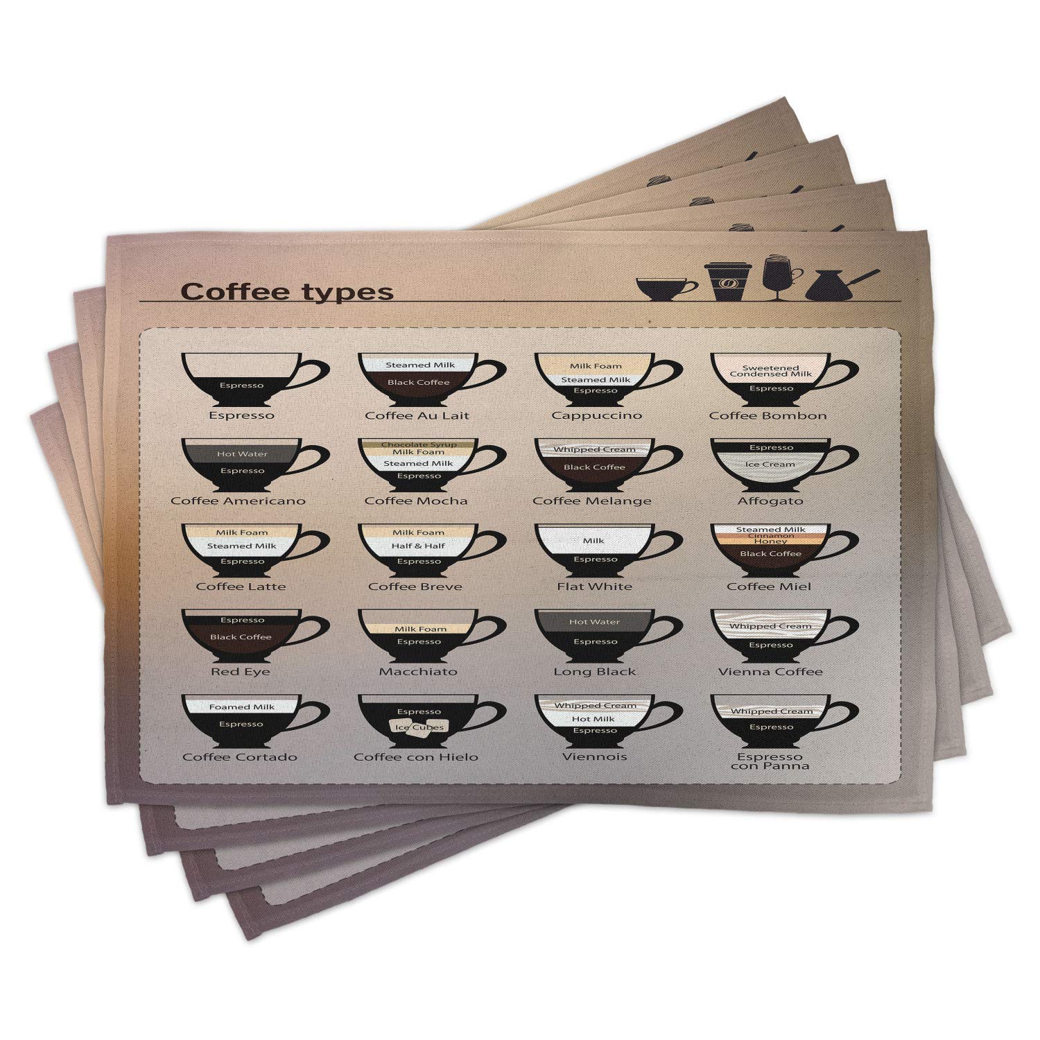 Lunarable Coffee Place Mats Set of 4 - Washable Fabric Table Mats with Coffee Mug Poster Design for Dining Room & Kitchen Decor (Brown Cream) - Perfect for Breakfast, Brunch, and Coffee Lovers' Gatherings