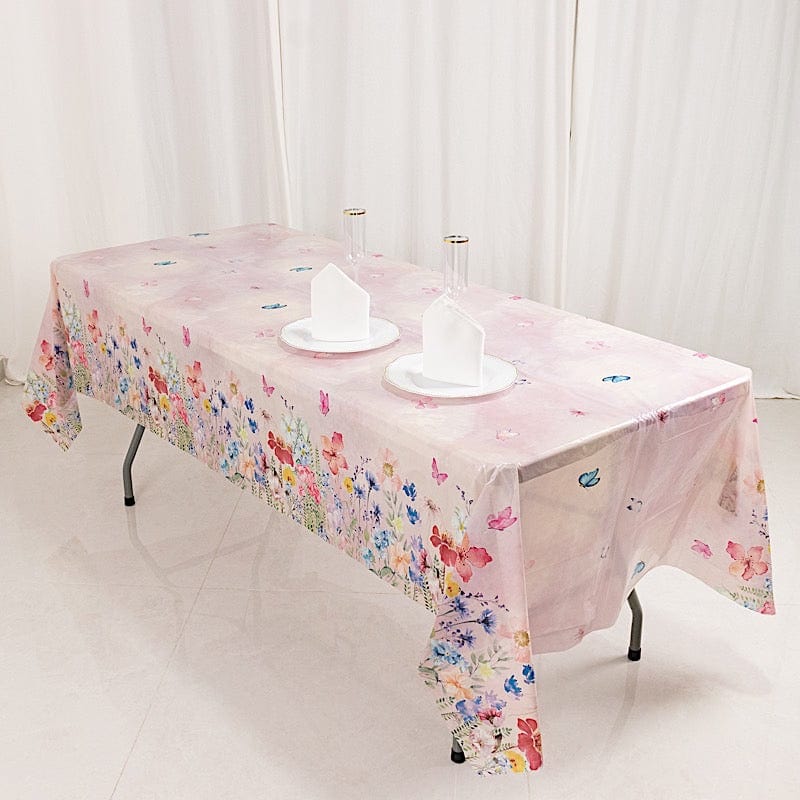 5 Pack 54 x 108 Inch Rectangular Plastic Tablecloths - Butterfly Floral Pattern in Blush Pink for Parties, Weddings & Outdoor Dining