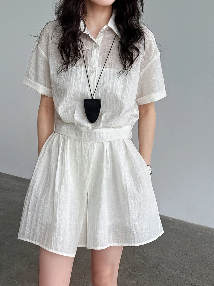 Beige Women's Two-Piece Suit Set - Thin Half Body Skirt & Lapel Short Sleeve Shirt | Spring Summer 2025 Fashion Trend | Office Wear, Casual Outfits, Party Dresses (Style 1DJ1239)