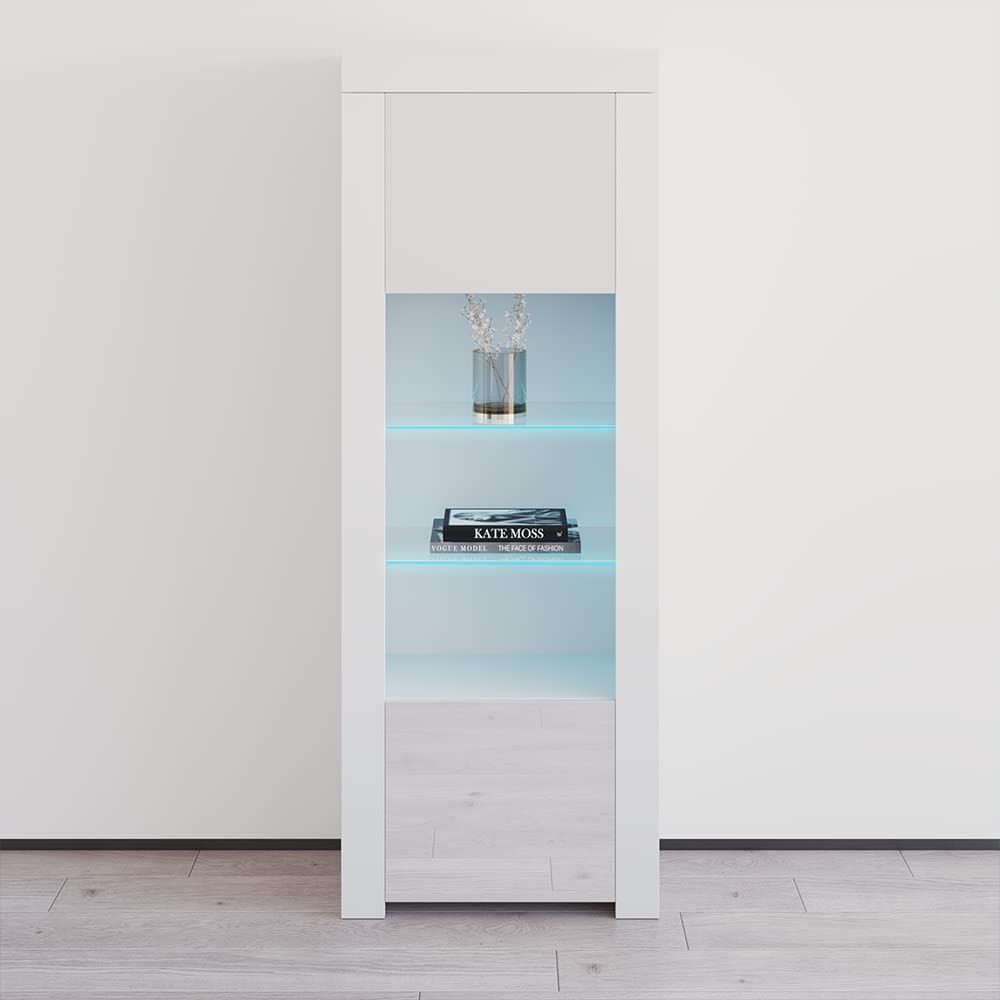 Modern Freestanding Bookcase with Customizable LED Lights - Durable Wooden Bookshelf with 2 High Gloss Doors & Glass Shelf - Decorative Storage Furniture for Living Room, Office & Bedroom - White