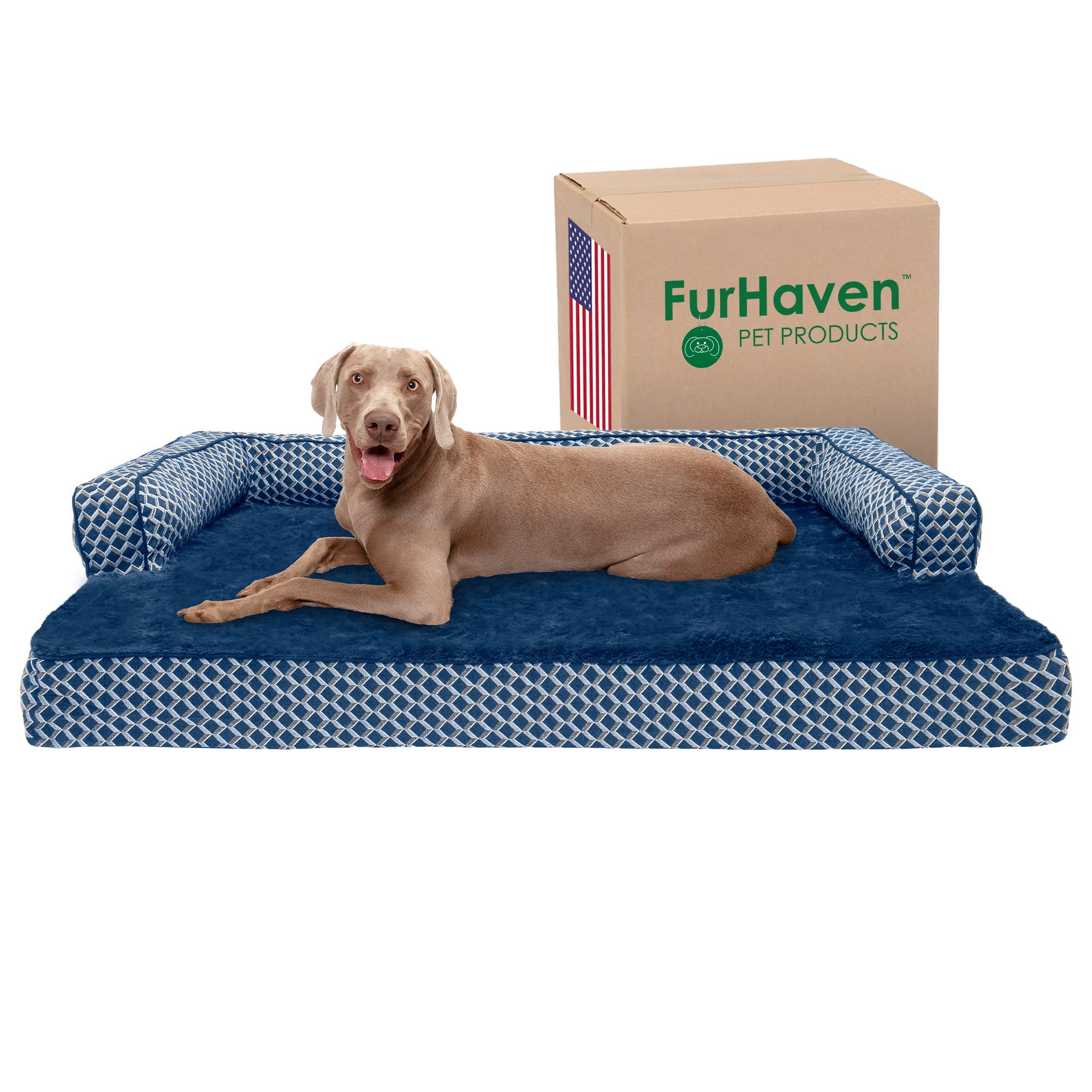 Furhaven Memory Foam Orthopedic Dog Bed for Large Dogs up to 125 lbs - Removable Bolsters & Machine Washable Cover - Plush Woven Sofa-Style Pet Bed in Diamond Blue (Jumbo Plus/XXL) - Perfect for Living Rooms, Bedrooms & Pet-Friendly Spaces