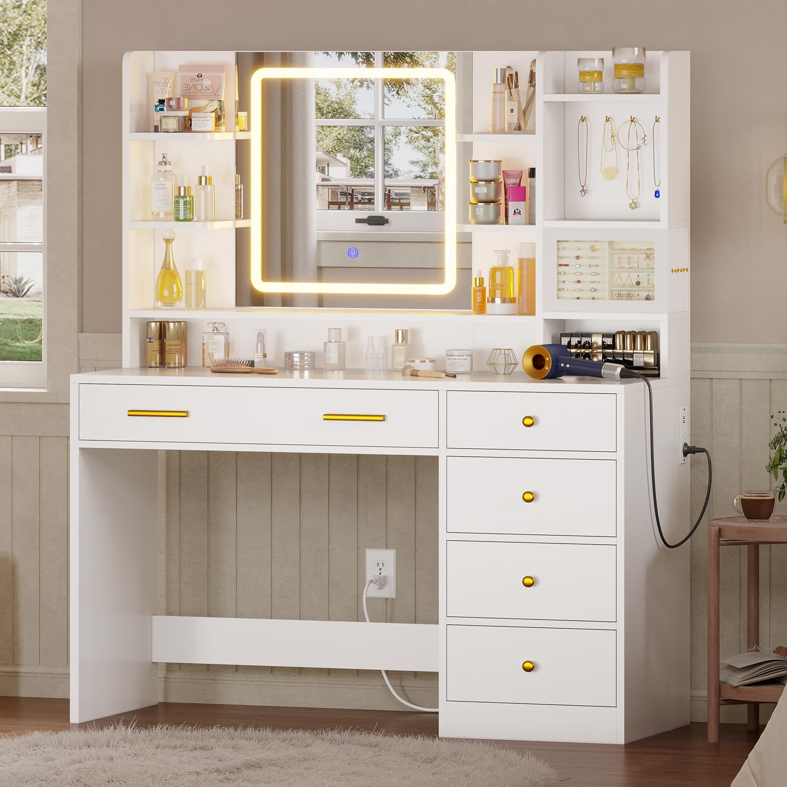 Modern White Makeup Vanity Desk with 3-Layer Jewelry Box, USB Charging Station & Touch Screen LED Mirror - 6 Drawers, Shelves & Hooks for Bedroom Organization - Perfect for Beauty Routines & Jewelry Storage