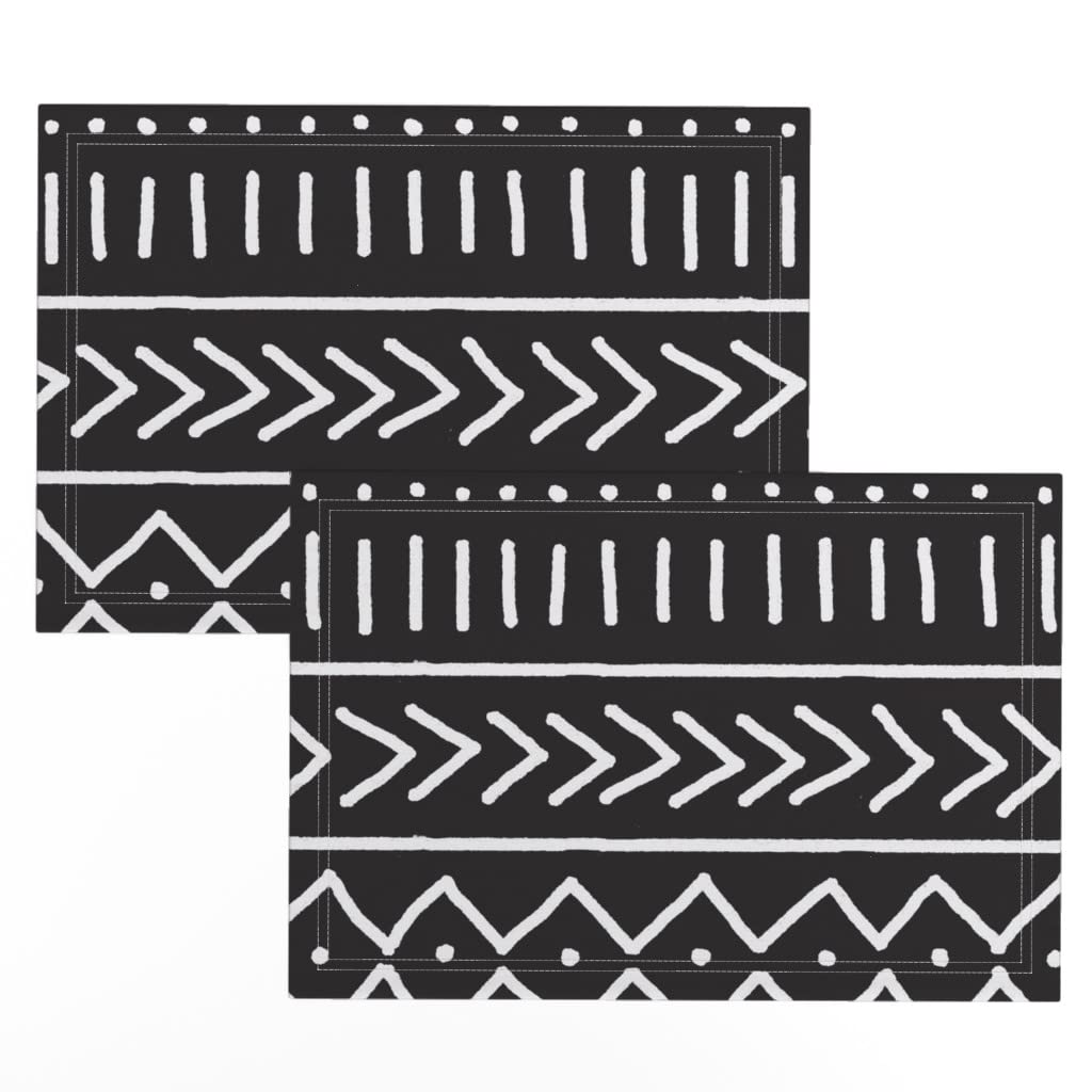 Premium Linen Cotton Canvas Placemats Set of 2 - Black Mudcloth African Print with White Geometric Patterns - Elegant Table Setting for Dining Room, Kitchen, or Party Decor